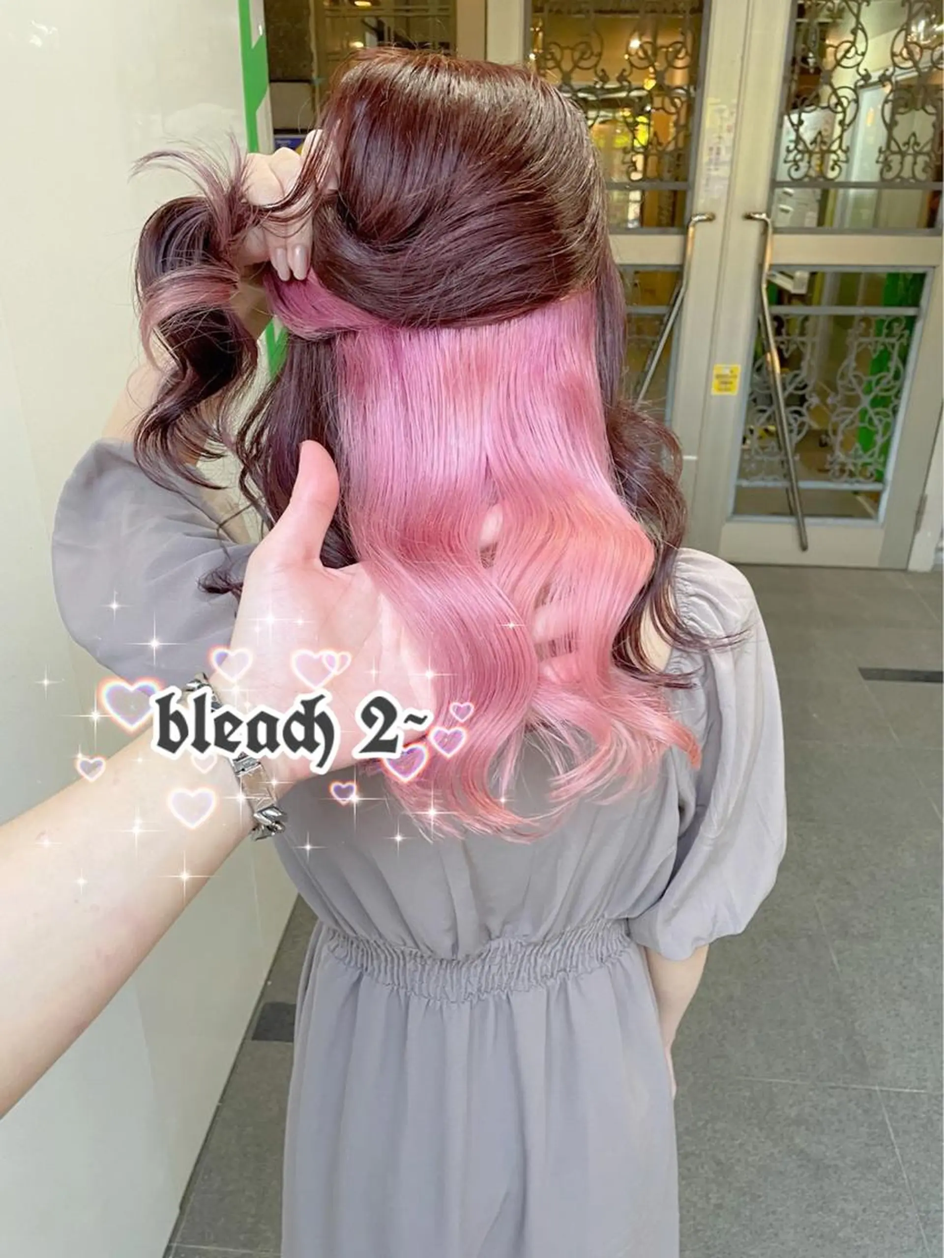 ロング アッシュ アッシュグレー アッシュグレージュ ミストバング ピンクブラウン ハイトーン×エクステ 💞くるみのヘアスタイル