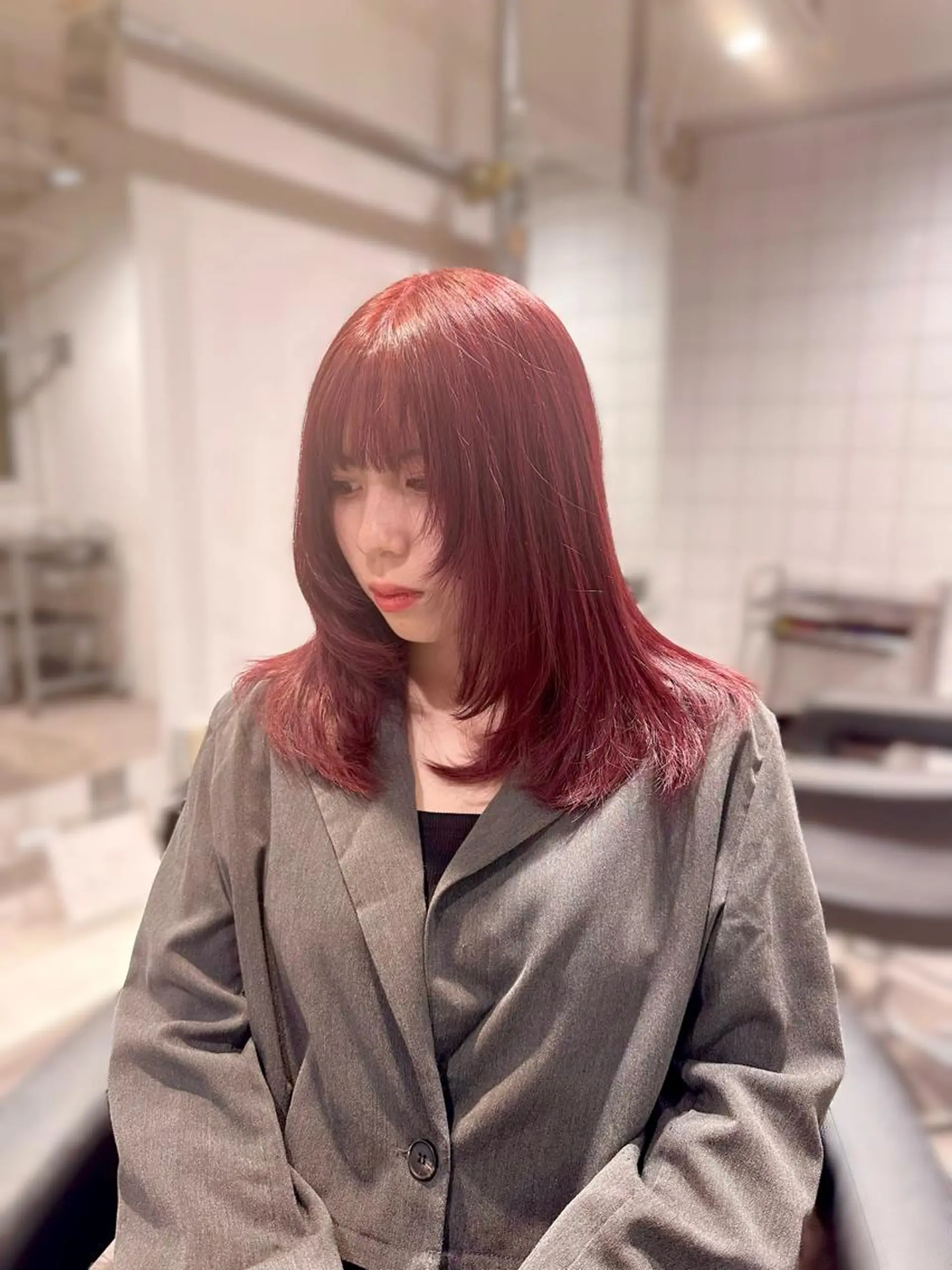 セミロング カラー ブリーチ ブリーチなしカラー ブリーチしない 暖色colorのヘアスタイル