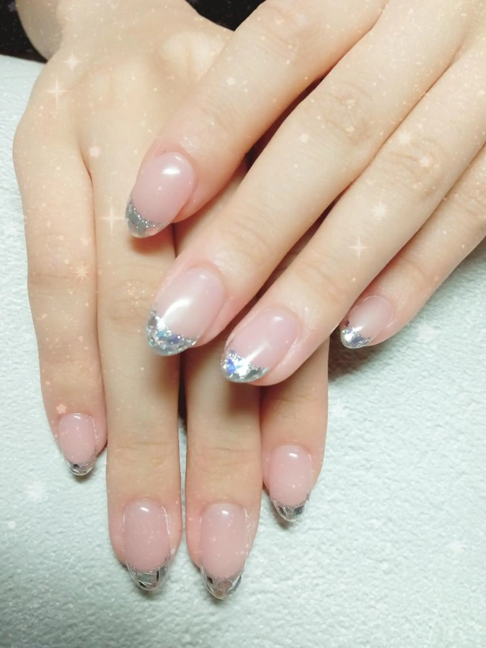 ネイル フレンチネイル ガラスフレンチ ハート キラキラネイル ラメ(グリッター) ハンドネイル flure de neige yukiのネイルデザイン