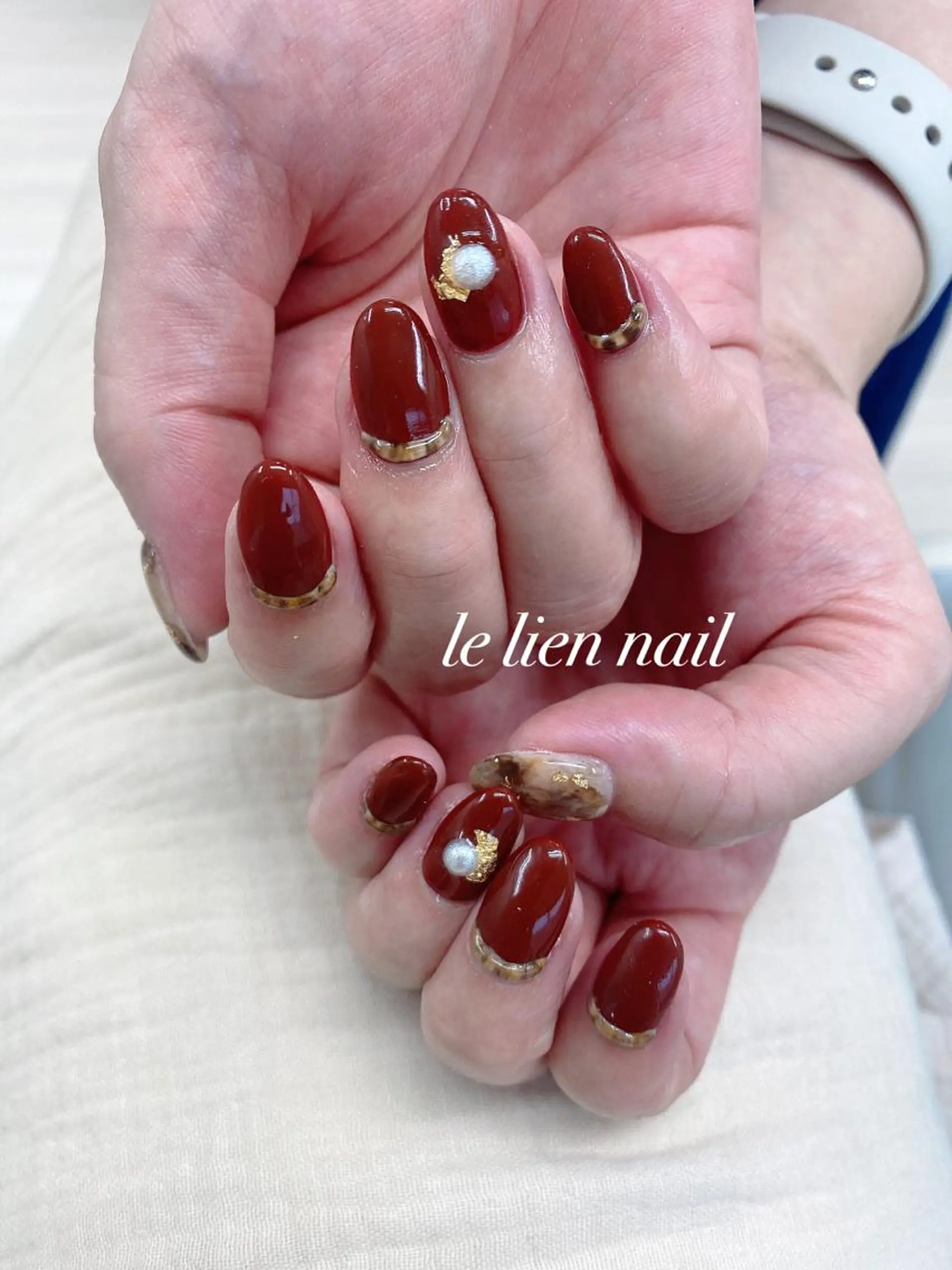 ネイル べっ甲ネイル ボルドー 冬ネイル ハンドネイル le lien nailのネイルデザイン