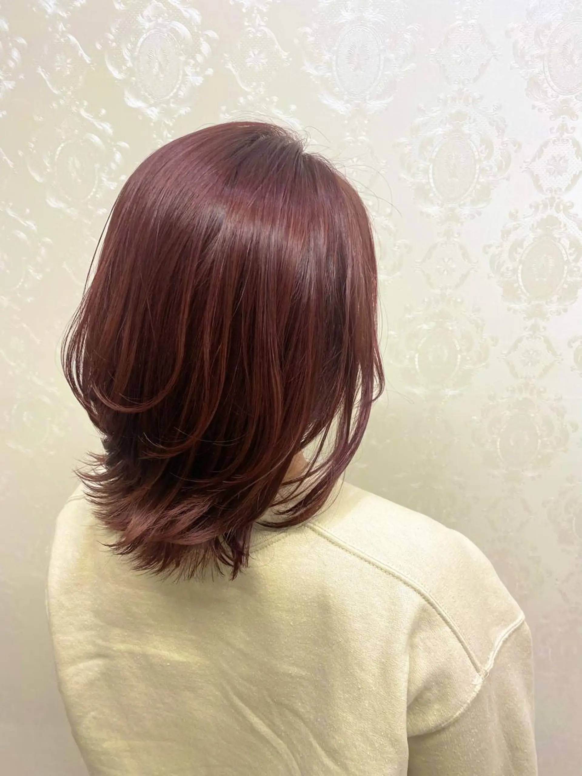 ミディアム ピンクブラウン ボブ 髪質改善 トリートメント カット ヘアカラー トリートメント ココロ☀️ CLUTCH天王寺店のヘアスタイル