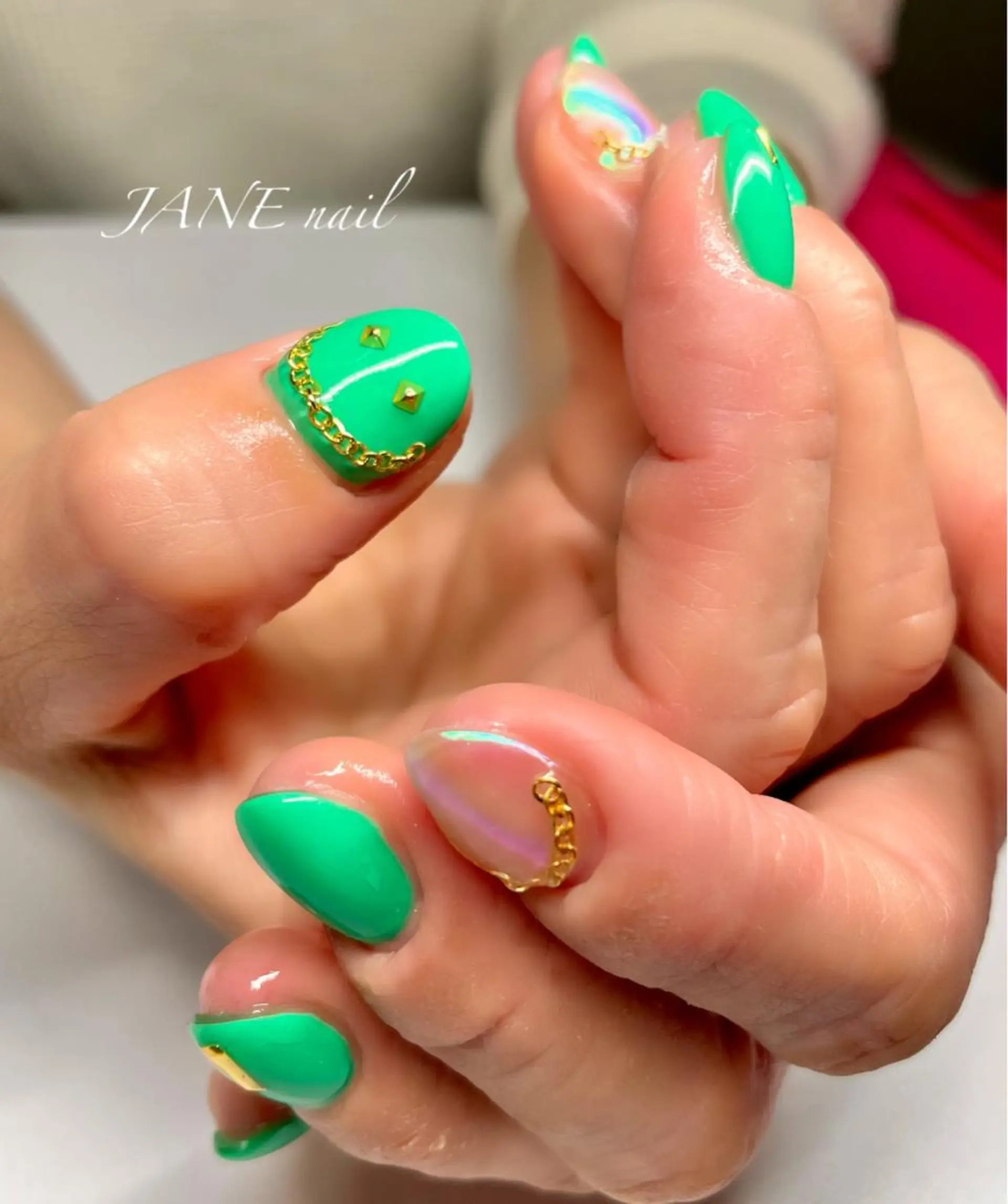 ネイル フットネイル ゴールド グリーン 夏ネイル ハンドネイル Nail Salon JANEのネイルデザイン