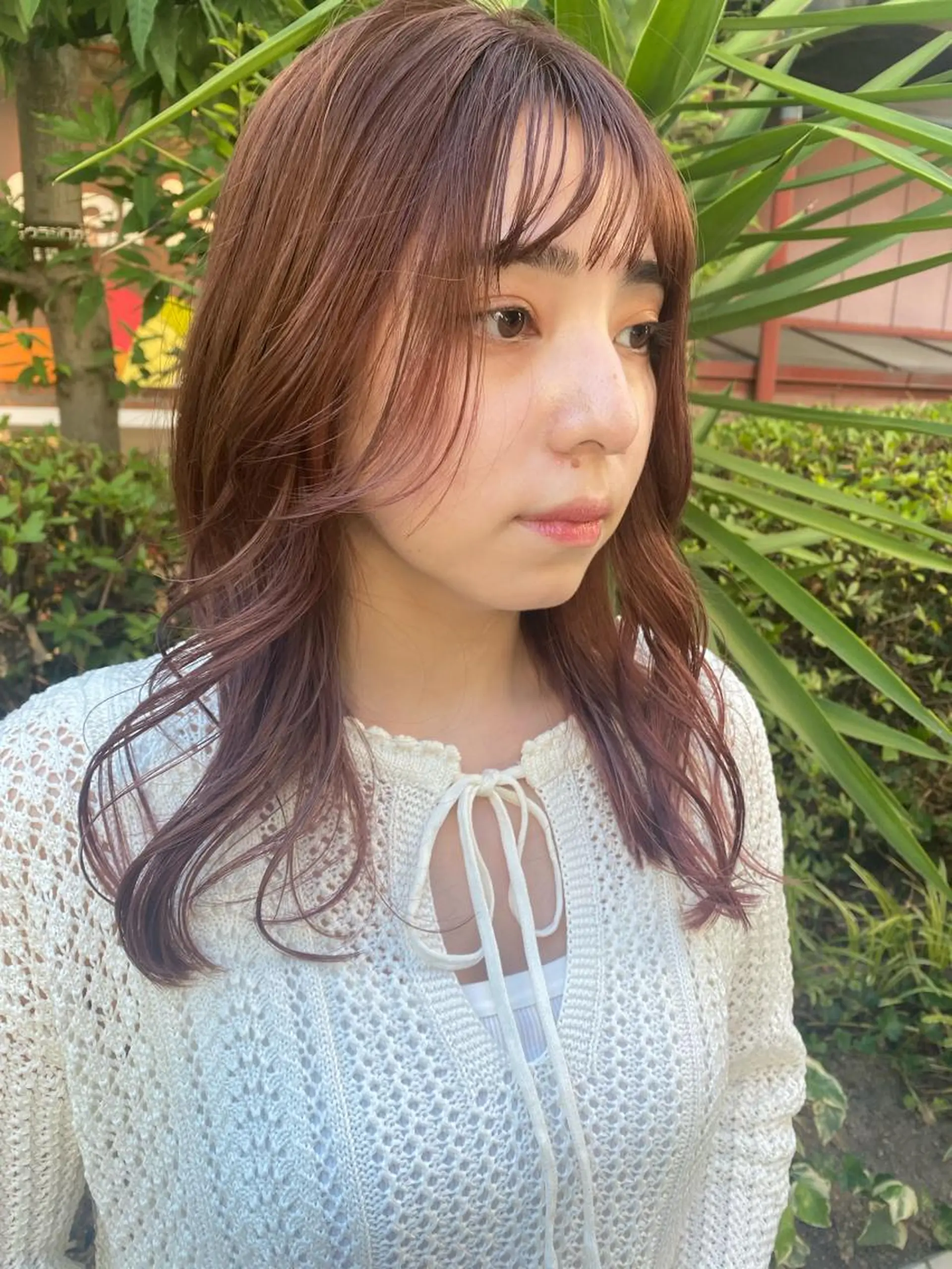 ミディアム カラー ブリーチ ブラウンカラー ピンクカラー ピンクブラウン ヘアカラー デザインカット/梅田 ケアブリーチ/平野恵のヘアスタイル