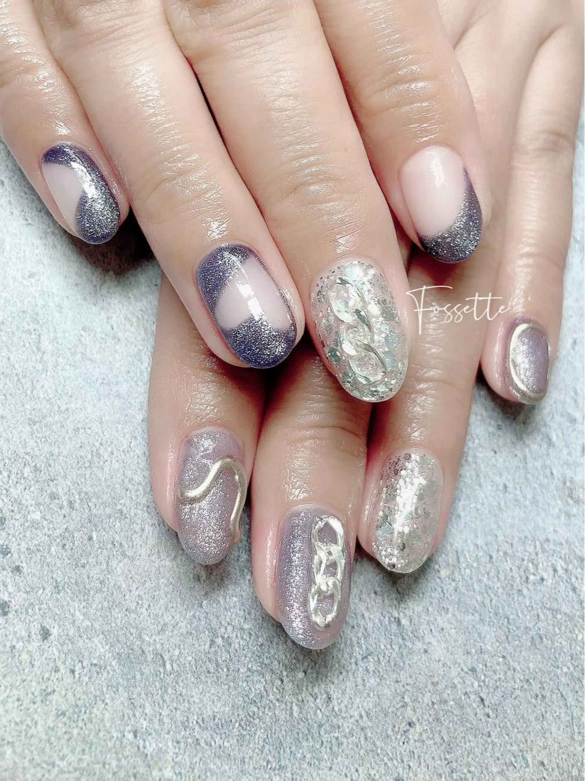 ネイル ハート キラキラネイル マグネットネイル ミラーネイル nailsalon Fossetteのネイルデザイン