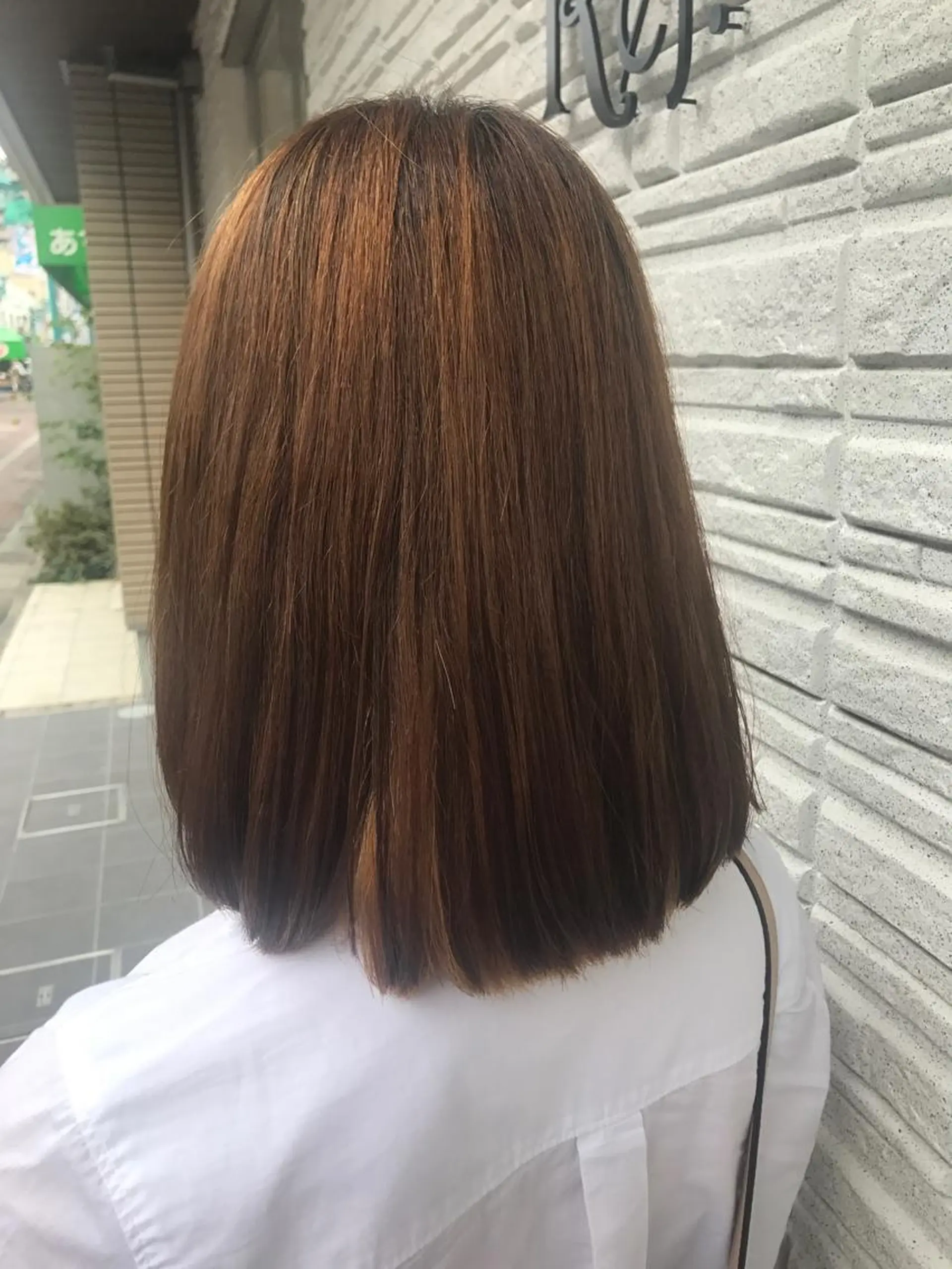 ミディアム パーマ 縮毛矯正 暖色カラー🍊 ボブ🌿顔周りcutのヘアスタイル