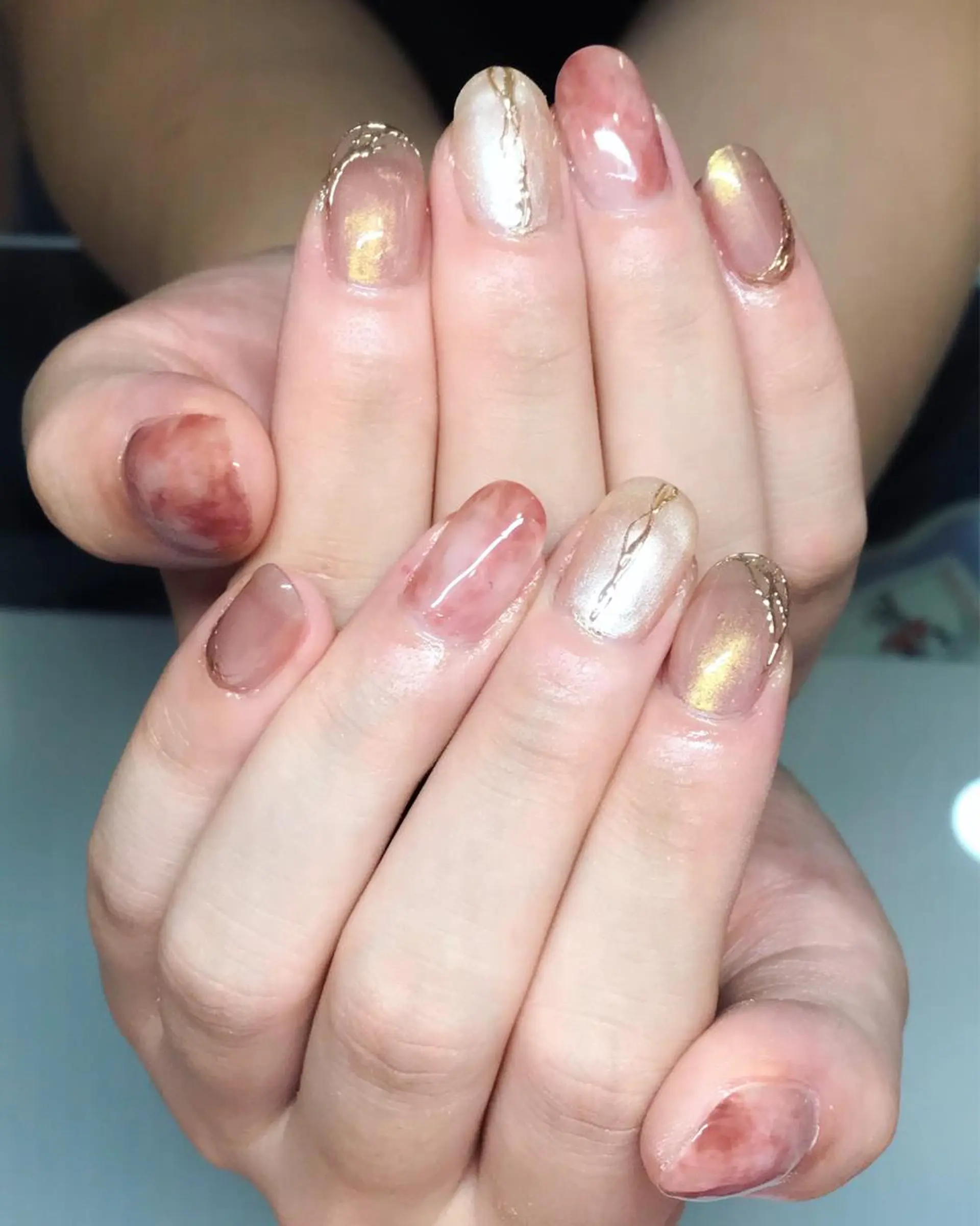 ネイル ブラウン ジェルネイル グリーン ニュアンスネイル ピンク Nyanco Nailのネイルデザイン