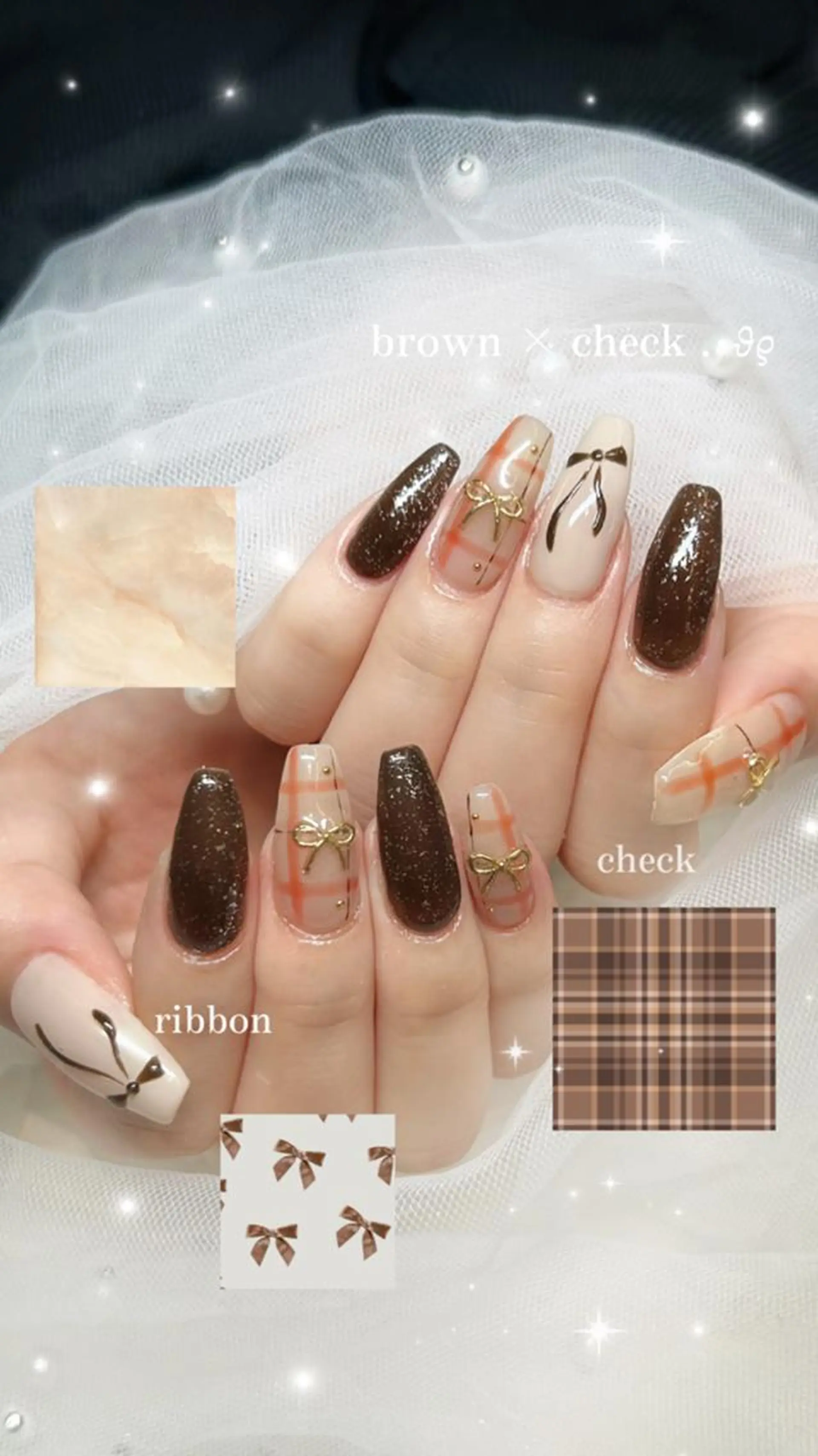 ネイル ブラウン ぷっくりネイル リボン 王道モテ/推しネイル 💫Maple清水のネイルデザイン