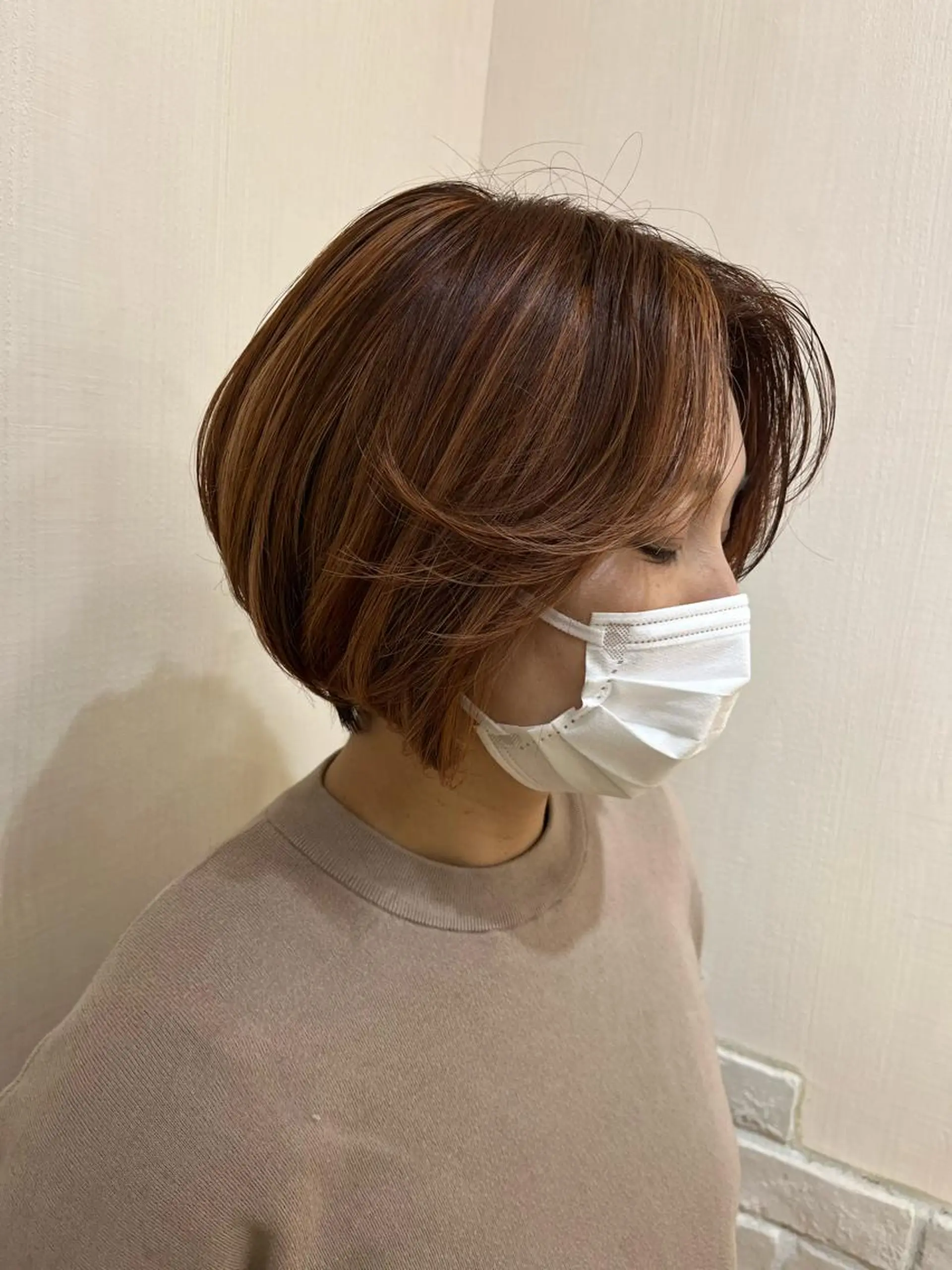 ミディアム カラー ハイライトカラー オレンジ ボブ ハイライト ヘアカラー きむえり/セット/ 髪質改善/カラーのヘアスタイル