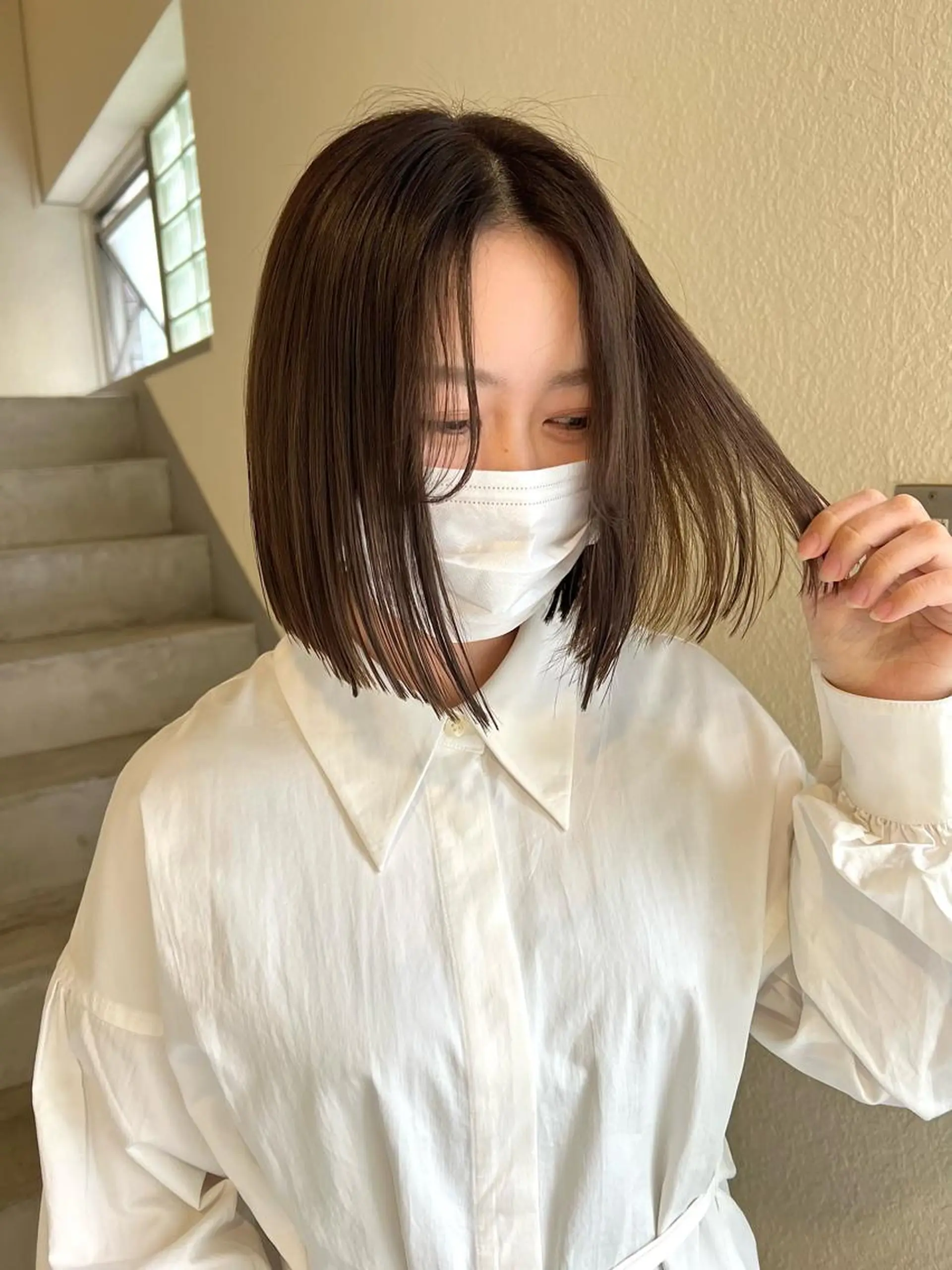 ミディアム 切りっぱなしボブ オレンジブラウン ピンクブラウン ボブ サイドバング タナカ レイのヘアスタイル