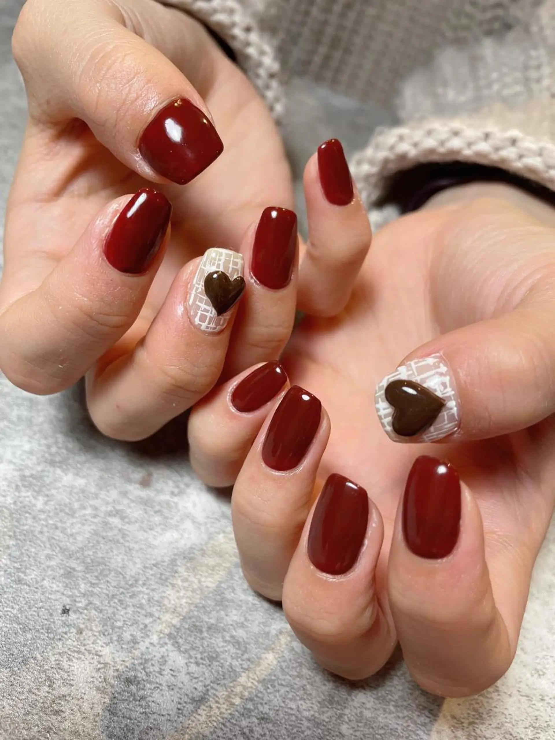 ネイル アートネイル ボルドー ハート ワンカラーネイル ツイードネイル ma riのネイルデザイン