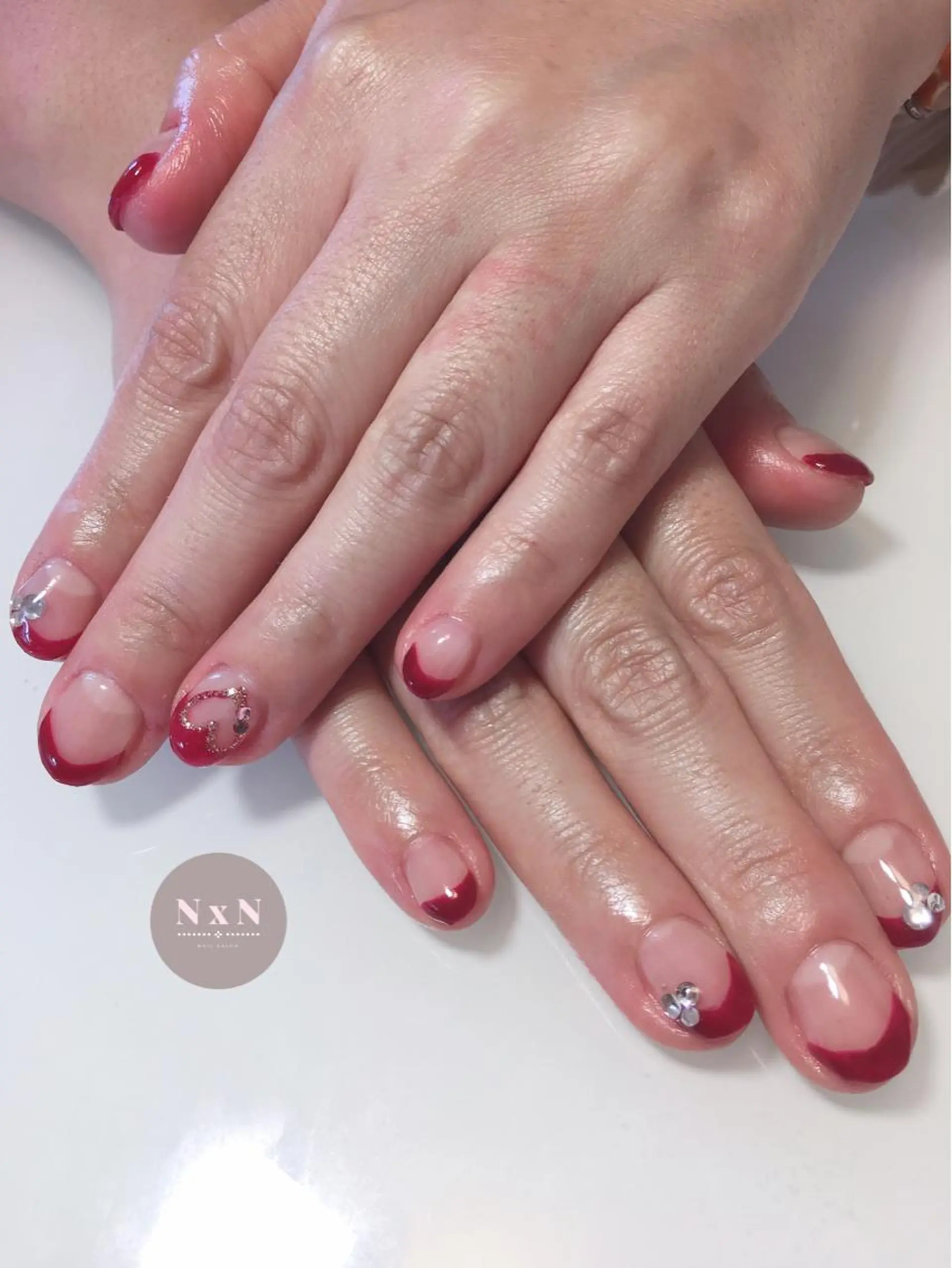 ネイル ボルドー フレンチネイル ジェルネイル ハート ぷっくりネイル ハンドネイル nail salon N×Nのネイルデザイン