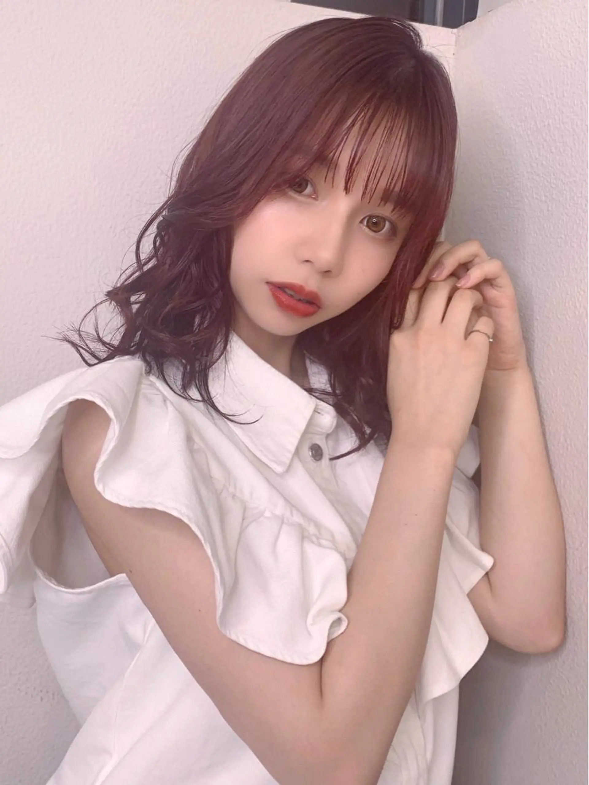 セミロング カラー ピンクカラー レイヤーカット 小顔カット カット ヘアカラー トリートメント 藤間 帆乃夏（とうまほのかのヘアスタイル