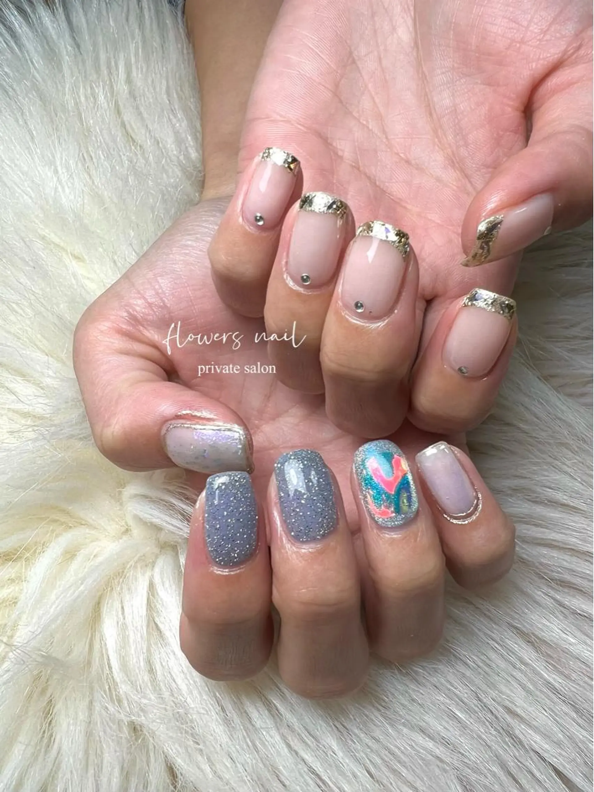 ネイル フラッシュネイル フレンチネイル ジェルネイル ガラスフレンチ ミラーネイル ハンドネイル flowers nailのネイルデザイン