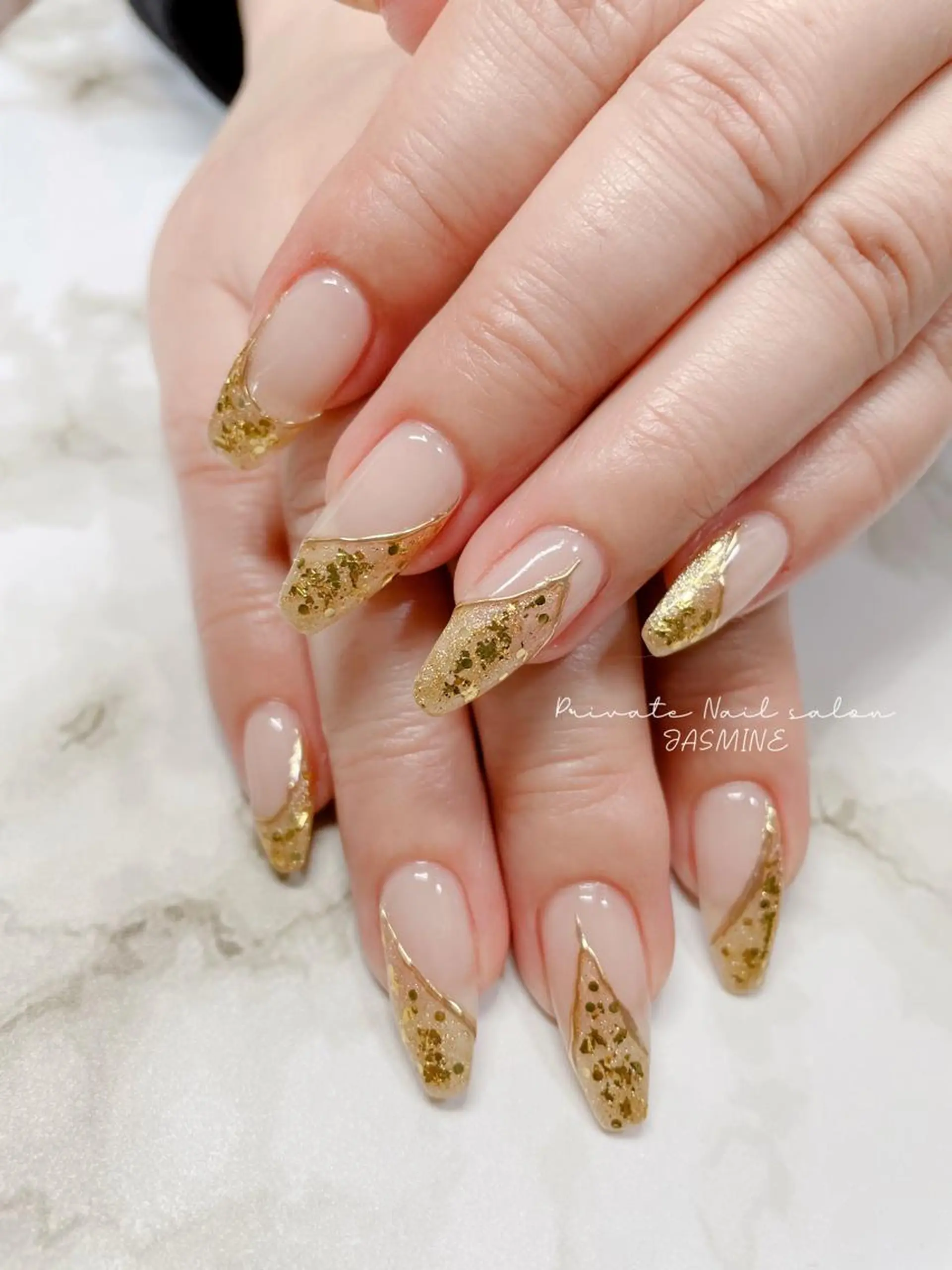 ネイル フレンチネイル ゴールド ラメ(グリッター) ミラーネイル Nail salon JASMINEのネイルデザイン