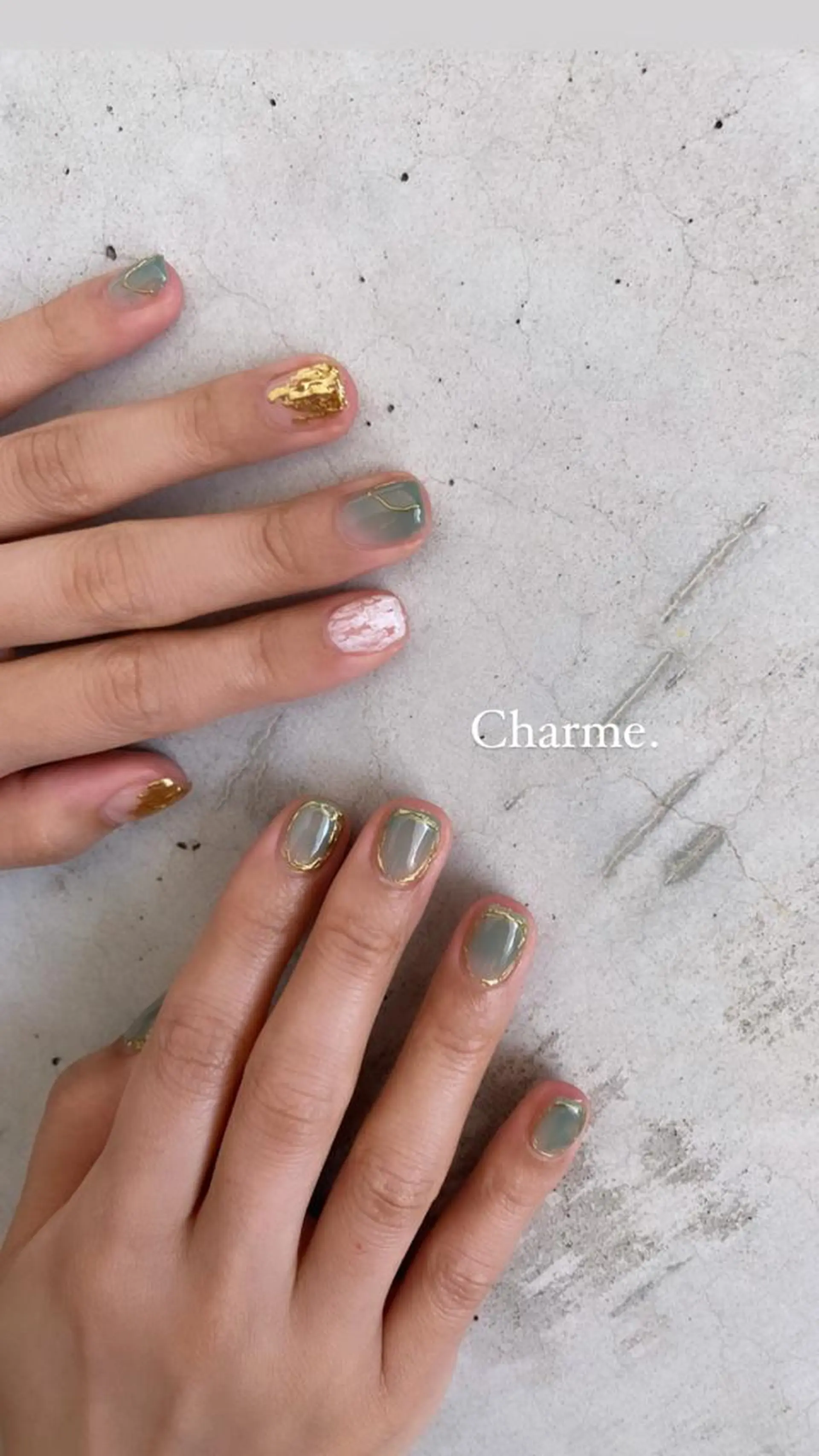 ネイル ゴールド グリーン 持ち込み ニュアンスネイル ハンドネイル ハンドケア Charme. NOBUKOのネイルデザイン