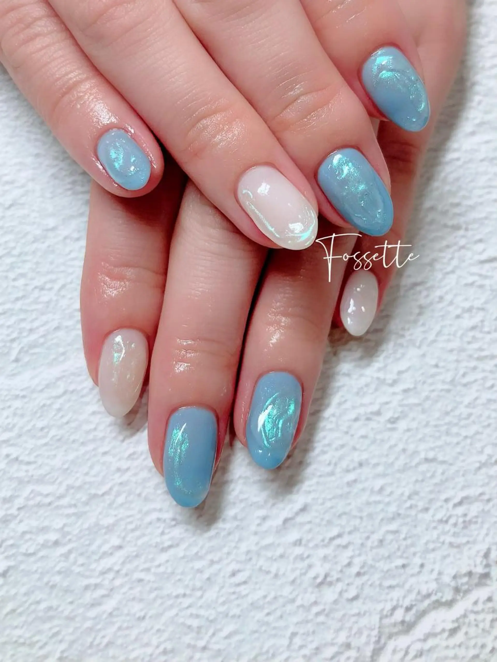 ネイル オーロラネイル ブルー クリアネイル ニュアンスネイル ぷっくりネイル nailsalon Fossetteのネイルデザイン