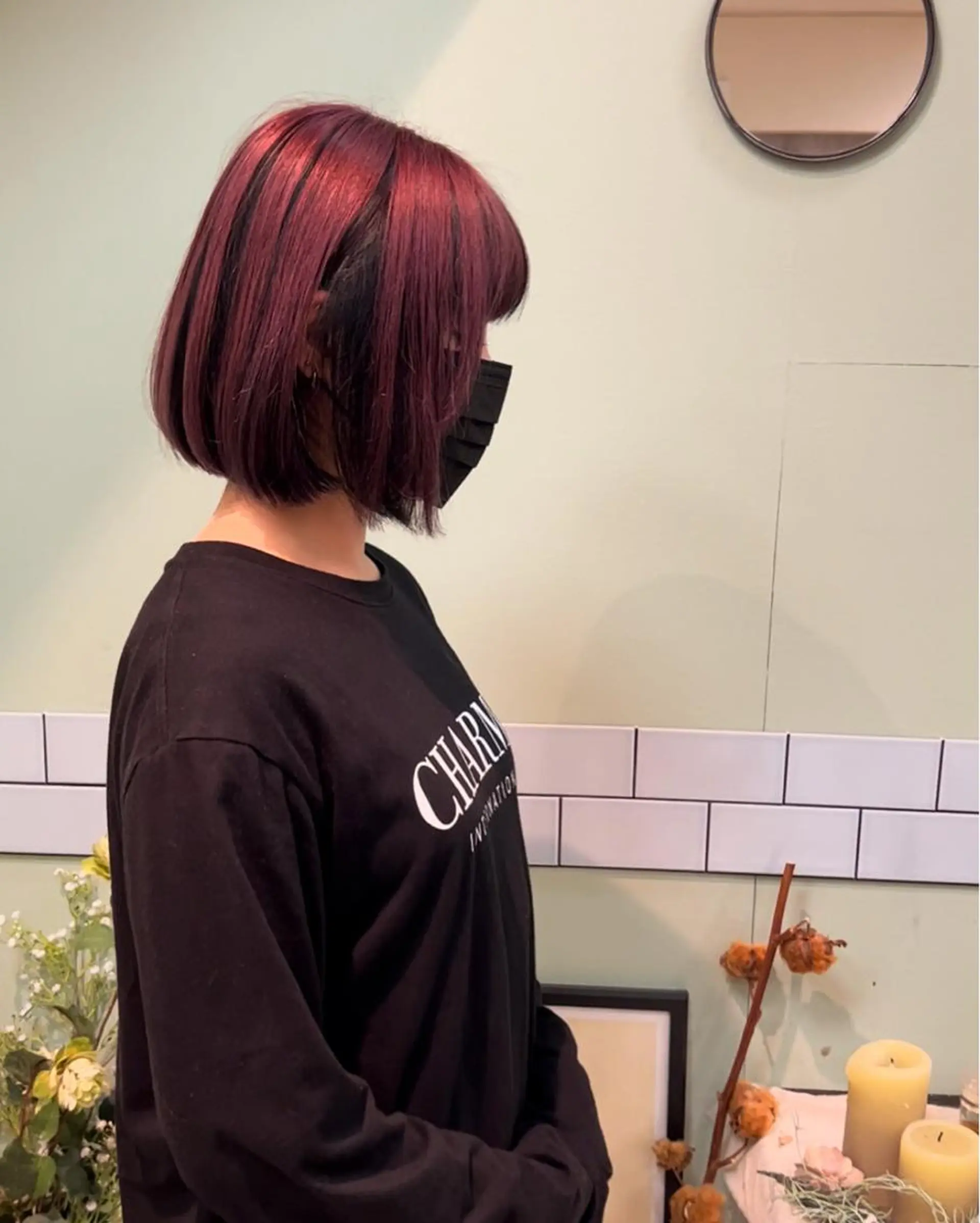 ミディアム カラー 黒髪 ピンクカラー NYNY☃️上新庄 ❄️石川瑠青のヘアスタイル