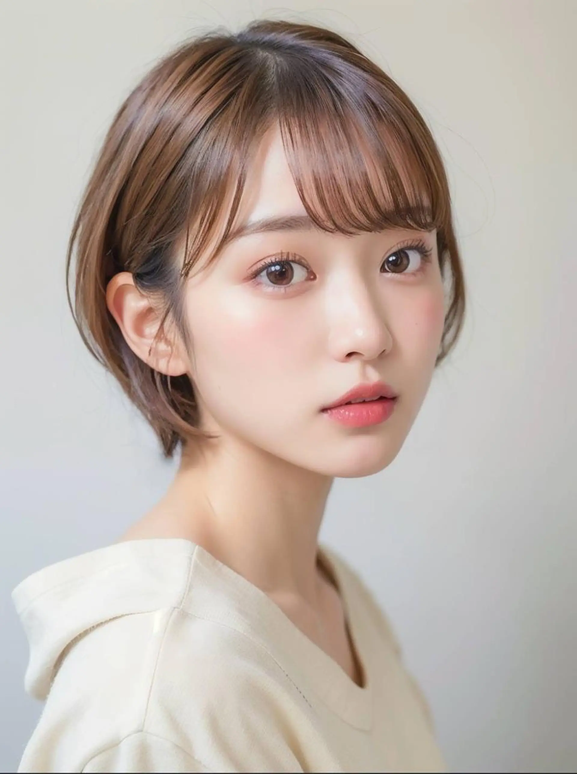 ショート お団子ヘア ミストバング ボブ ハイライト 姫カット カット ヘアカラー トリートメント 山本 みづきのヘアスタイル
