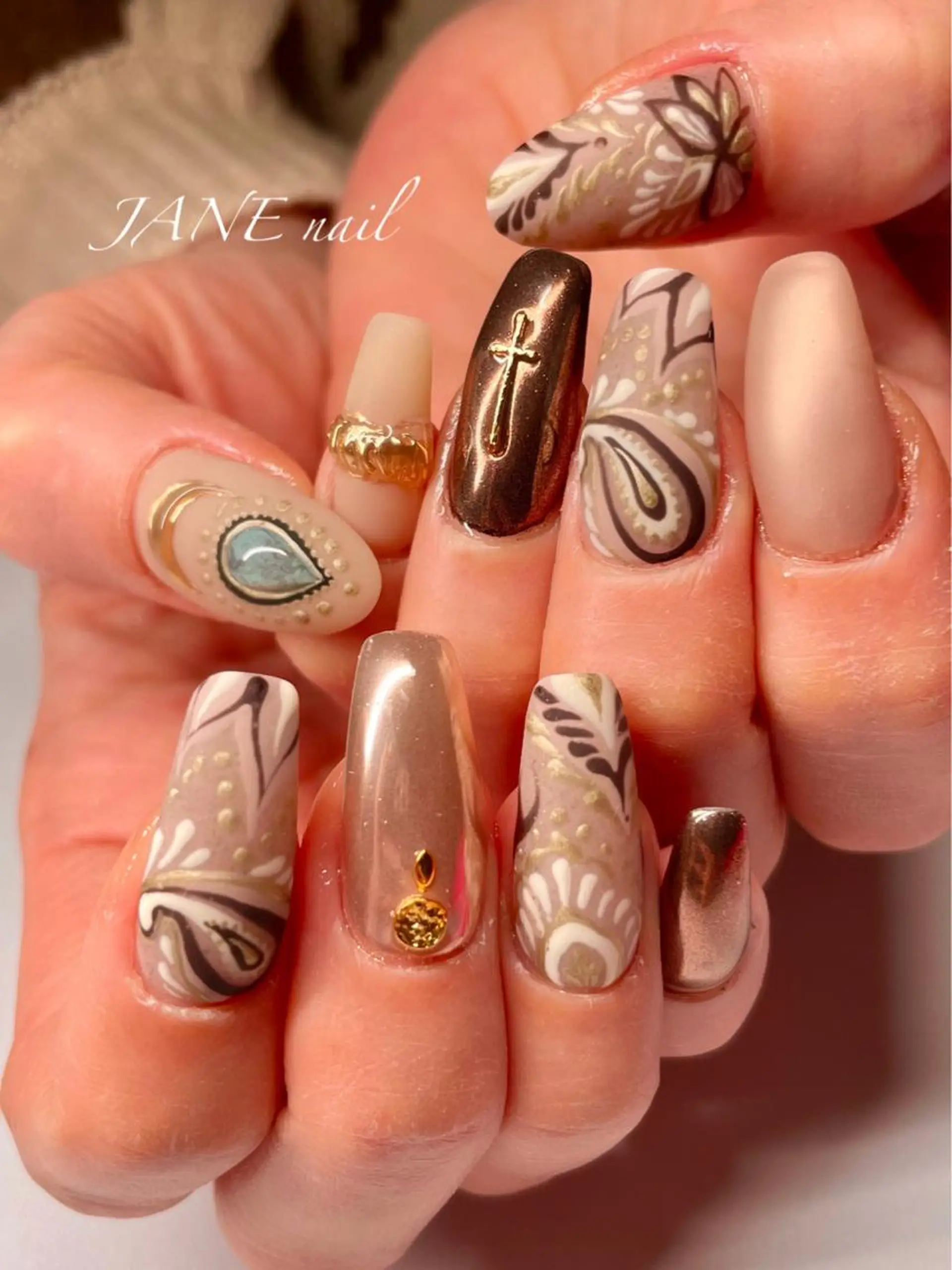 ネイル ブラウン フットネイル ロングネイル マットネイル 春ネイル ハンドネイル Nail Salon JANEのネイルデザイン