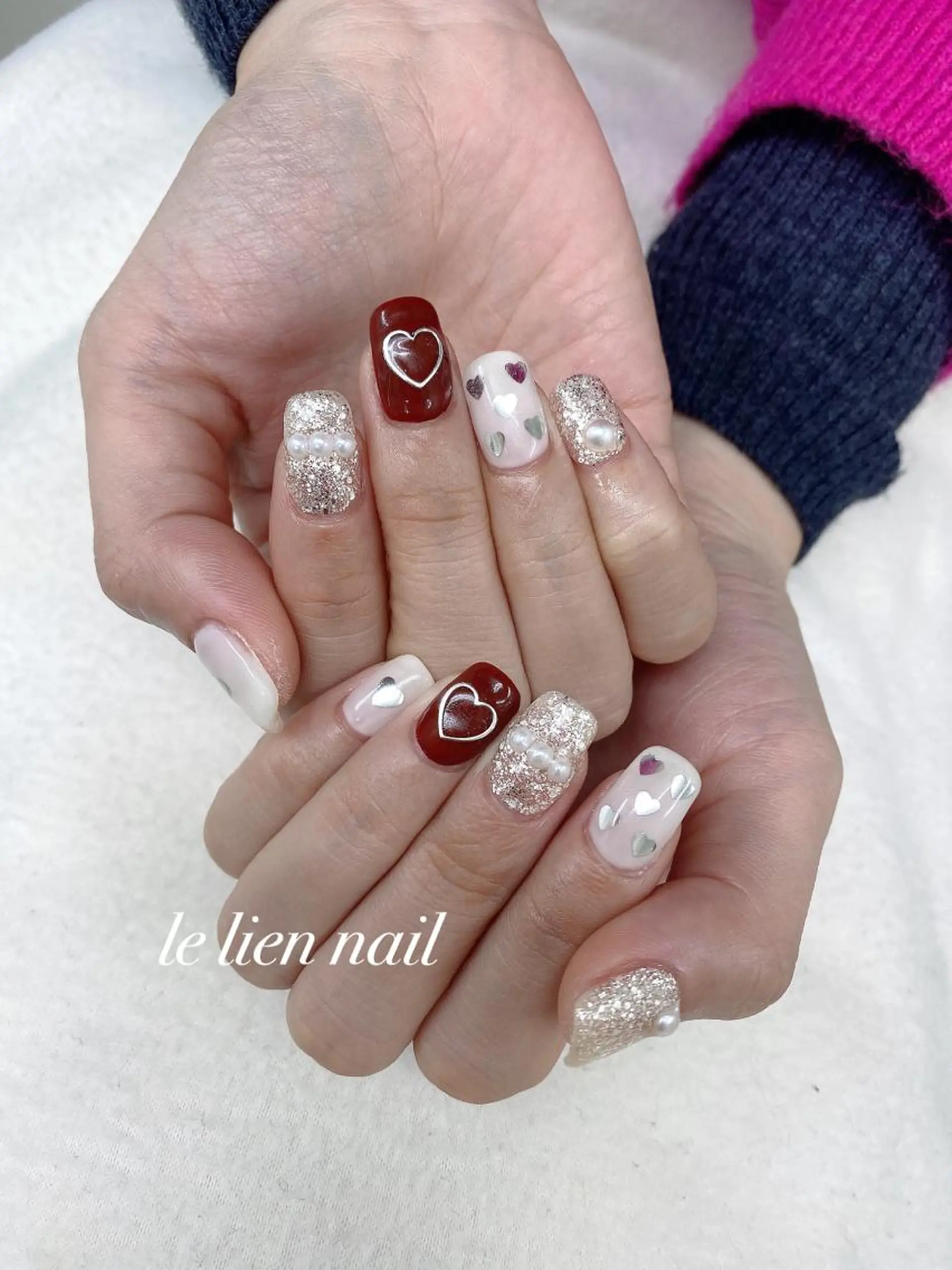 ネイル アートネイル ボルドー ハート ラメ(グリッター) シルバー ハンドネイル le lien nailのネイルデザイン