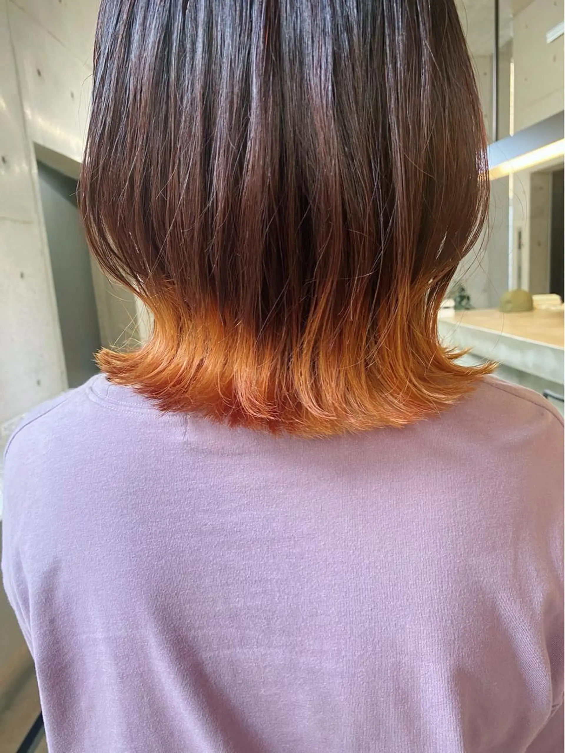 ミディアム カラー ヘアアレンジ オレンジ カット ヘアカラー トリートメント son hair HIROEのヘアスタイル