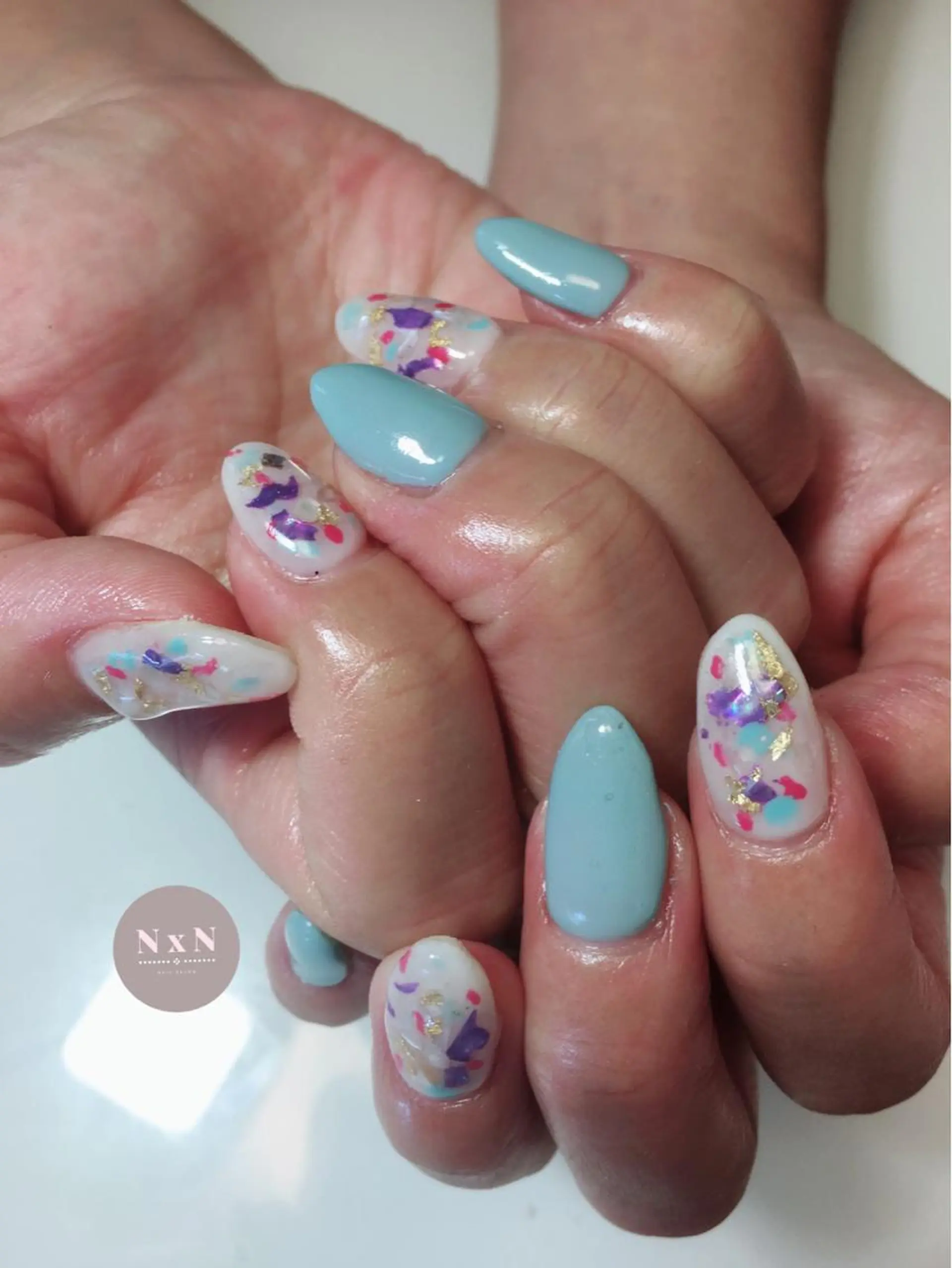 ネイル ブルー ジェルネイル ぷっくりネイル 夏ネイル ハンドネイル nail salon N×Nのネイルデザイン