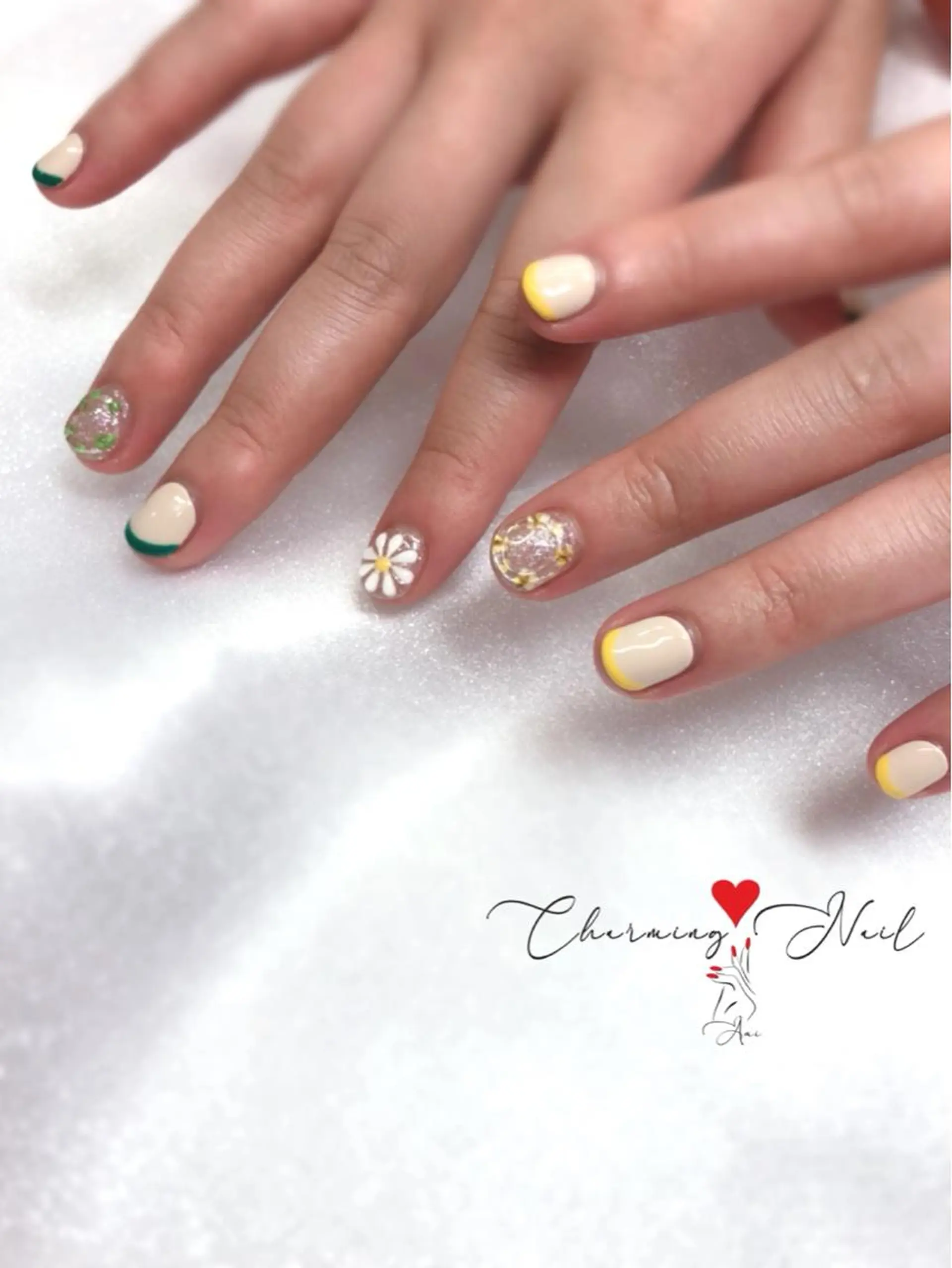 ネイル フラワーネイル フレンチネイル グリーン 韓国ネイル 黄色 Charming❤️Nail所属・Nailist Amiのその他イメージ