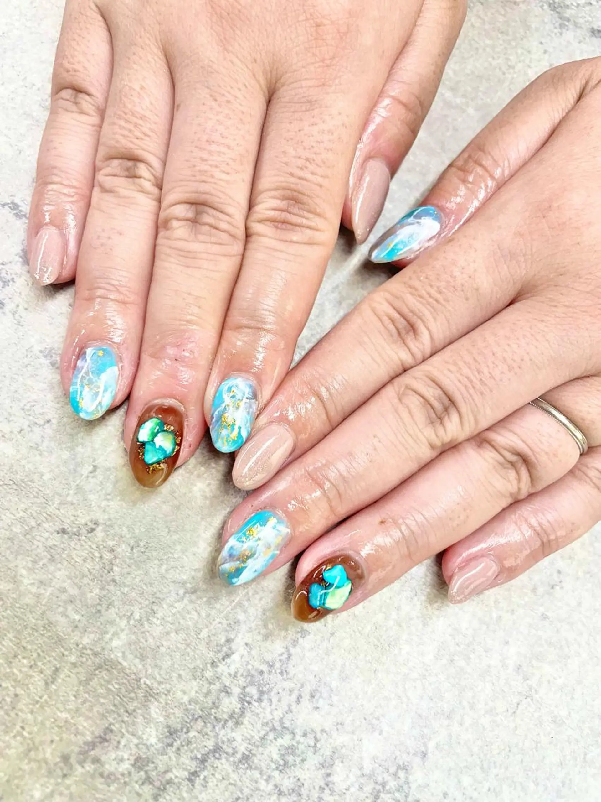 ネイル アートネイル ブラウン フレンチネイル ジェルネイル ガラスフレンチ ハンドネイル ハンドケア FASTNAIL PLUS 新宿店のネイルデザイン