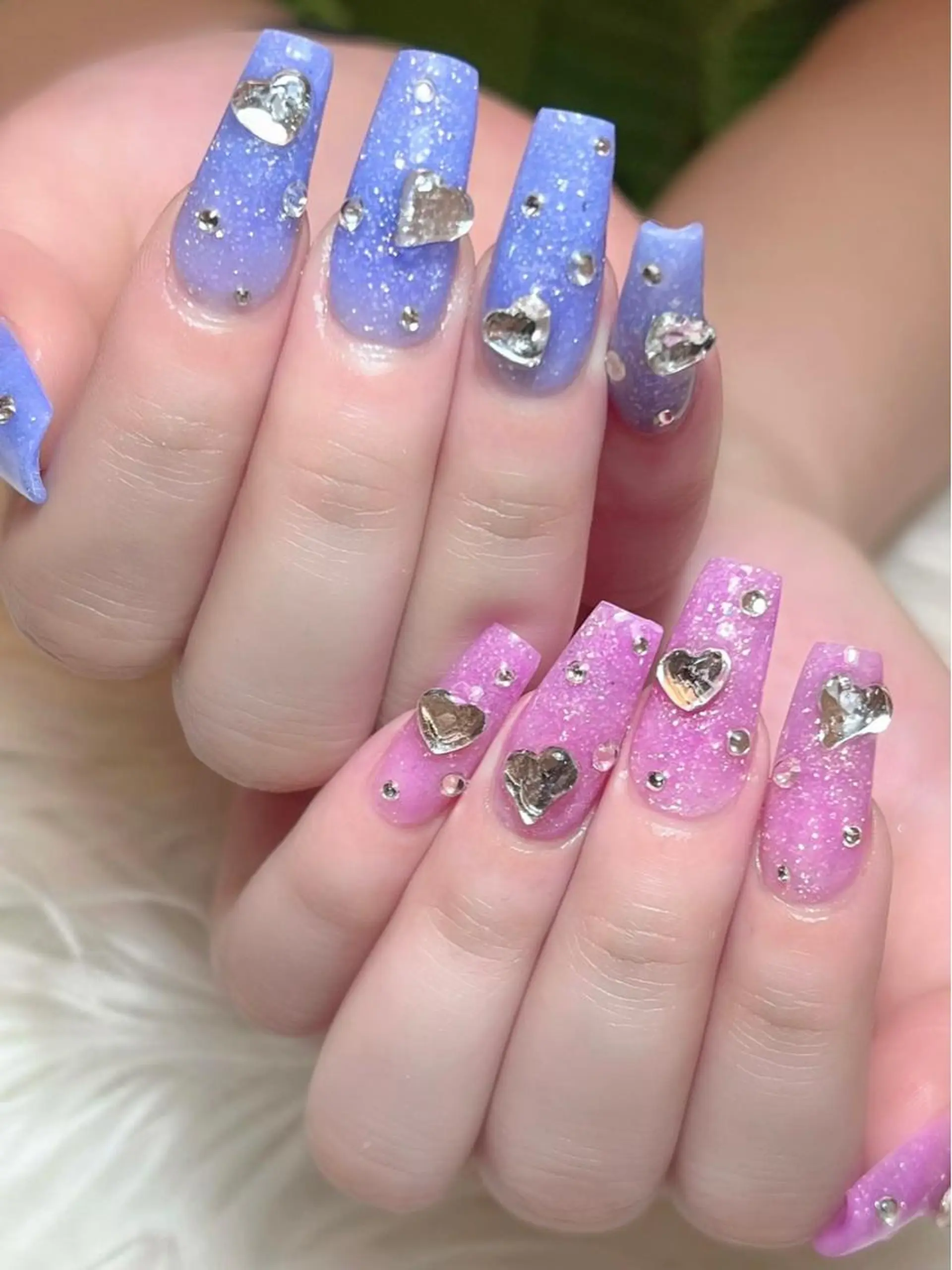 ネイル ブルー ハート ピンク スカルプネイル スクエアネイル ハンドネイル シェヌネイル JURAのネイルデザイン