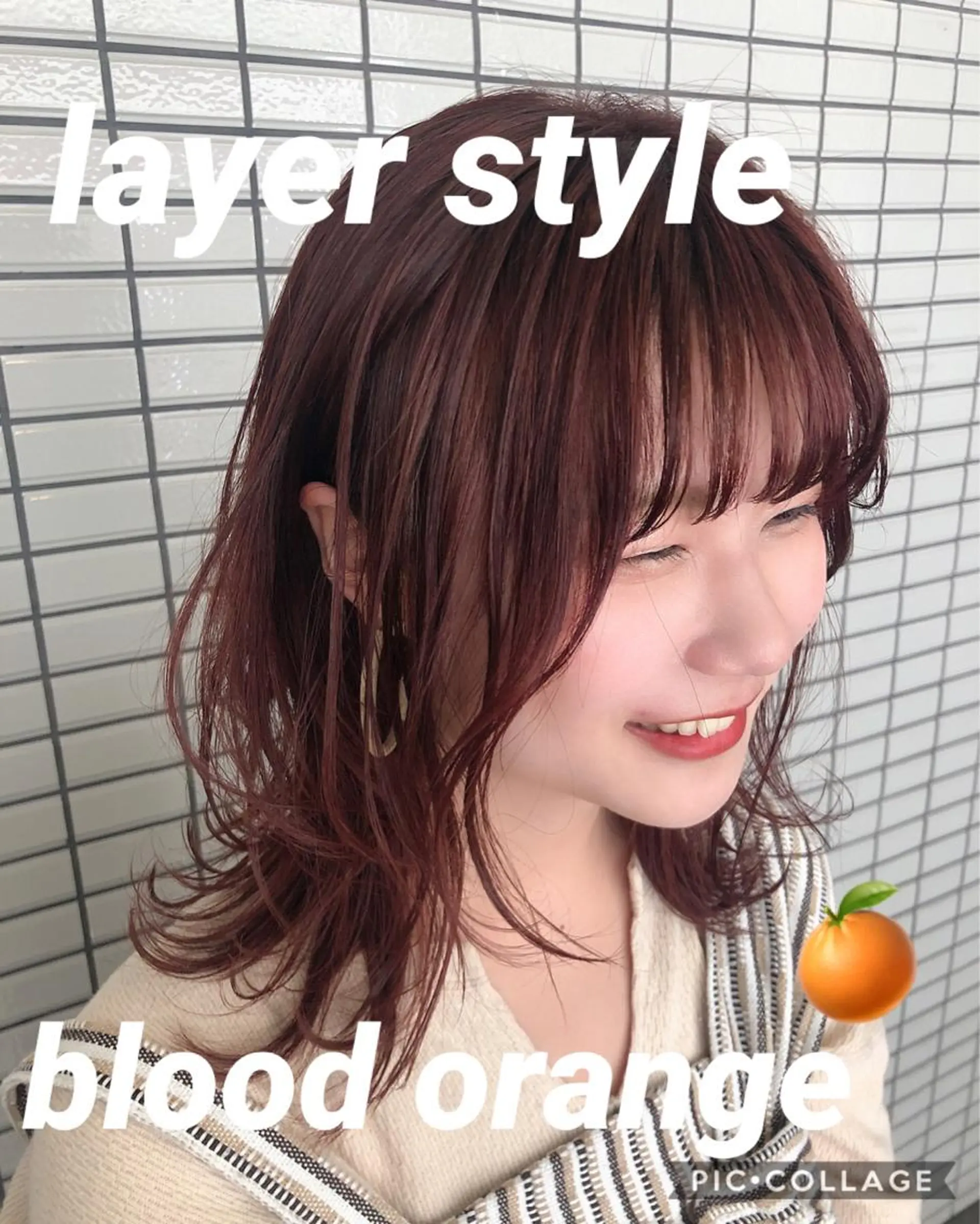 ミディアム カラー オレンジ オレンジレッド レッドカラー レイヤーカット 中東 真子のヘアスタイル