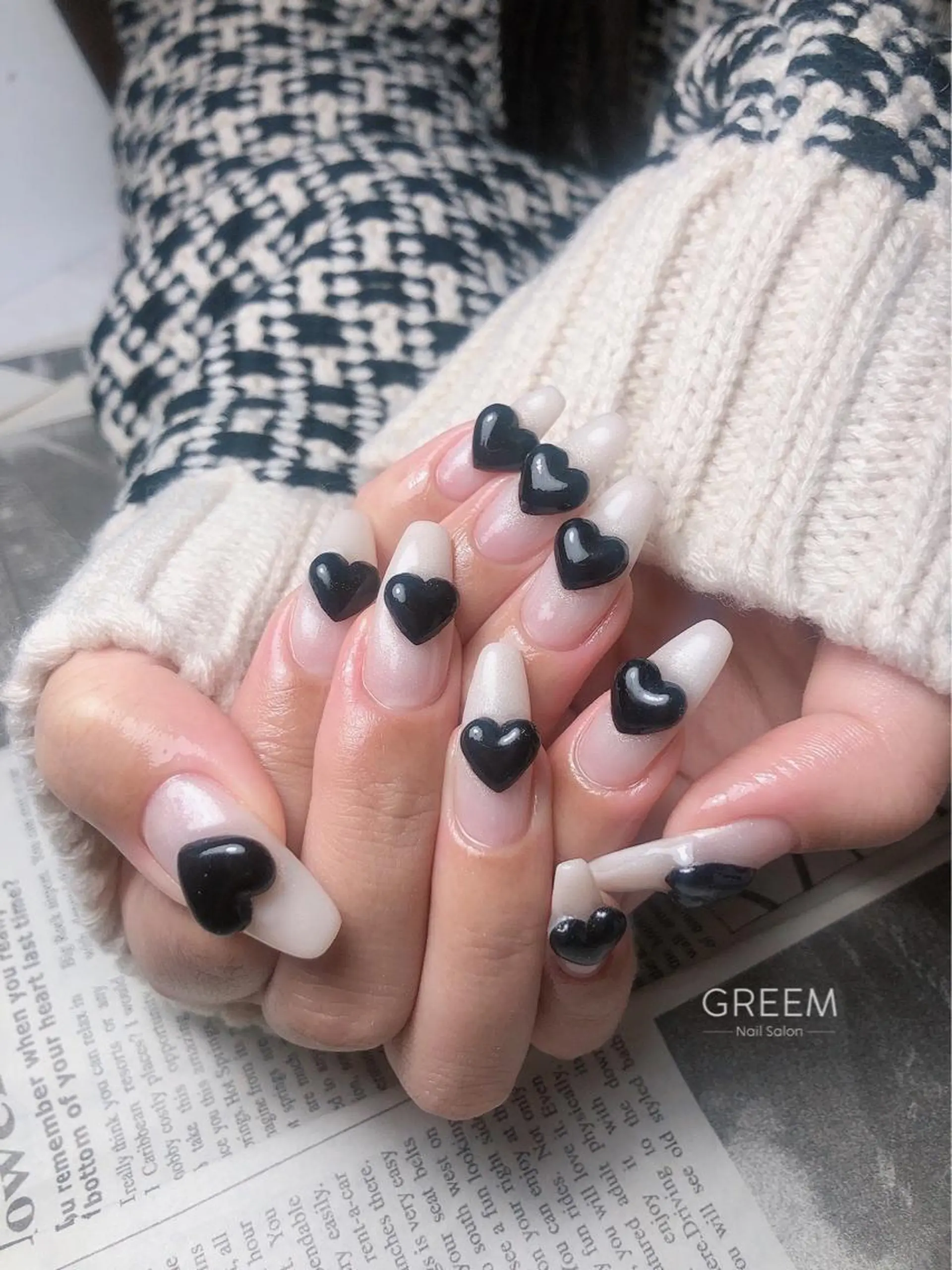 ネイル フレンチネイル ガーリー ハート ぷっくりネイル GREEM グリームのネイルデザイン