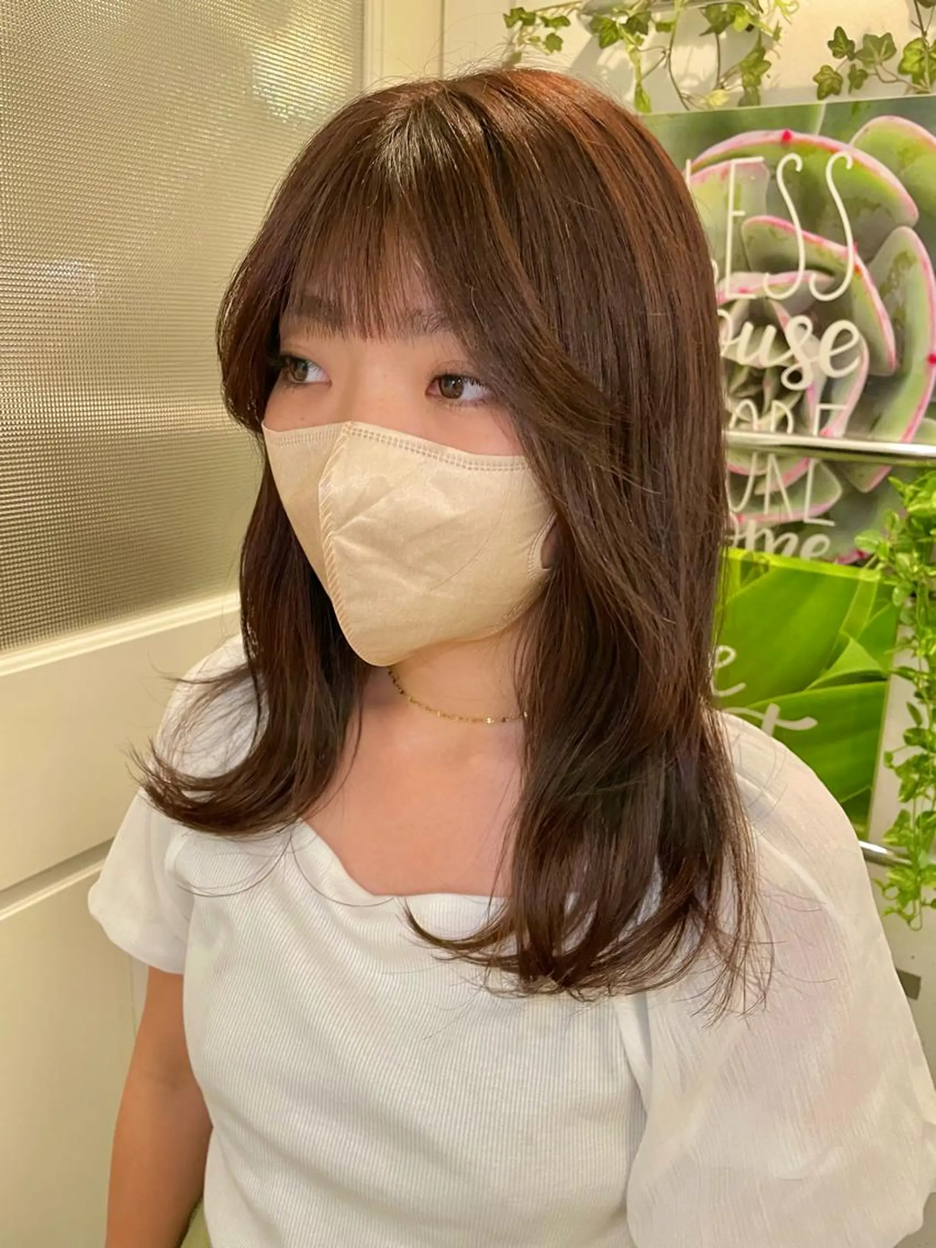 セミロング カラー 小顔カット ブリーチなしで透け感 暖色カラーボブaoiのヘアスタイル