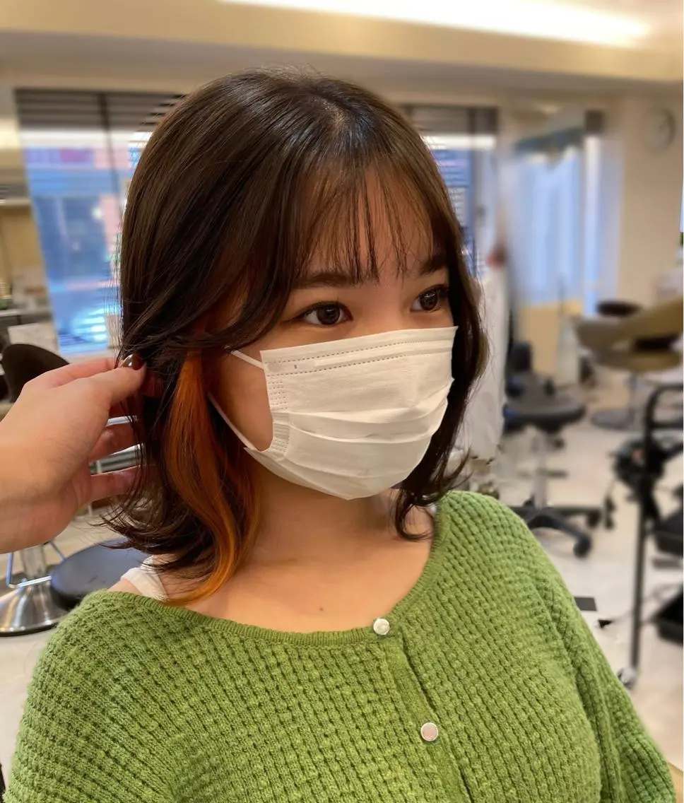 ミディアム カラー インナーカラー オレンジ デジタルパーマ特化 杉浦 夏生のヘアスタイル
