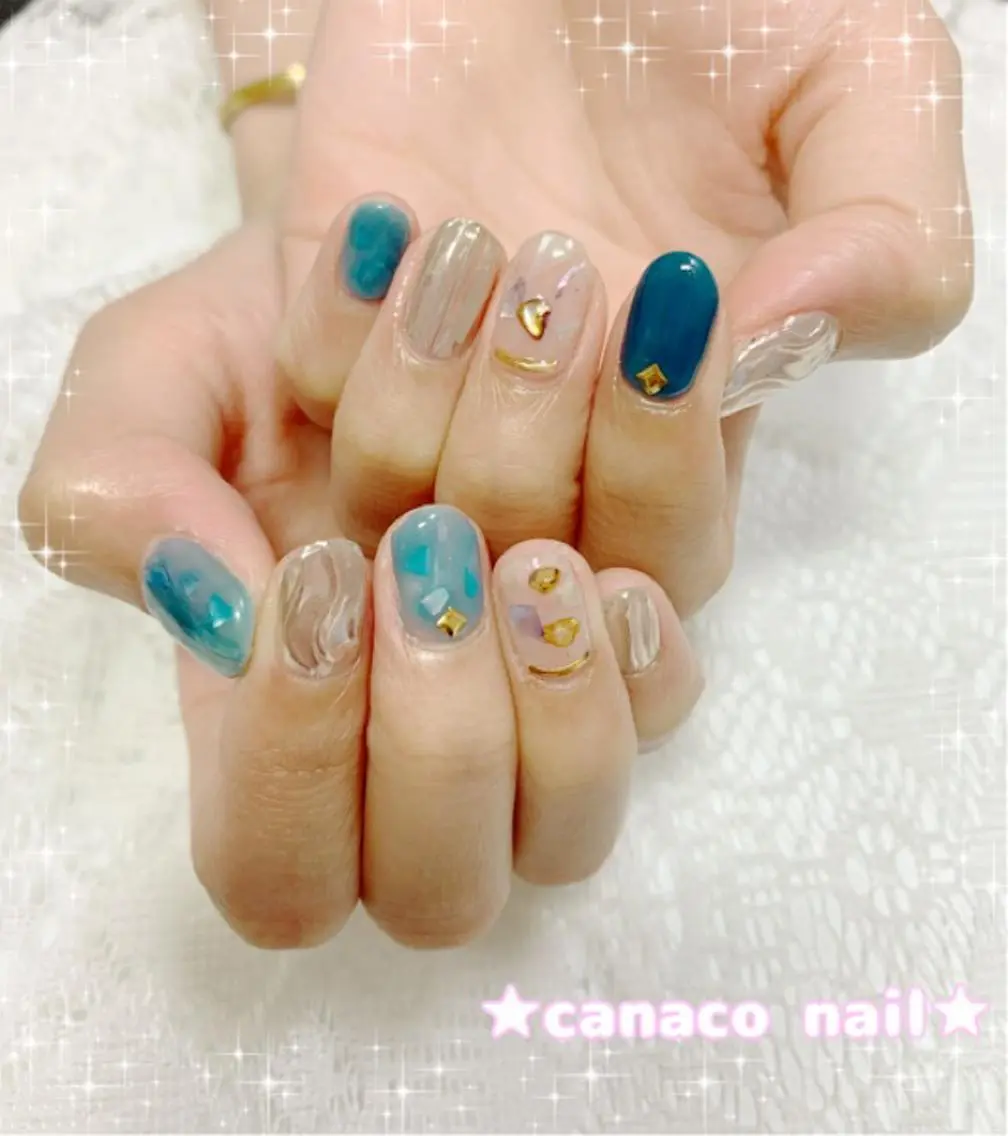ネイル ブルー ミラーネイル ハンドネイル ハンドケア ベテランネイル cnc  nailのネイルデザイン