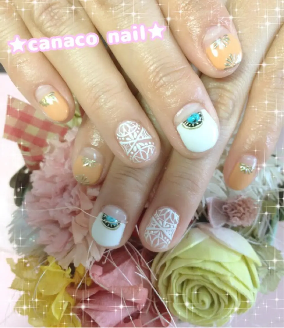 ネイル アートネイル ゴールド レース ホワイト ベテランネイル cnc  nailのネイルデザイン