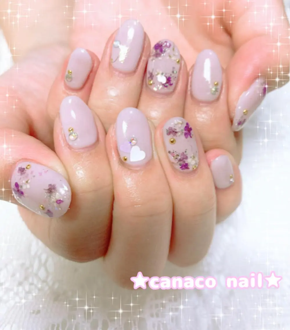ネイル フラワーネイル パープル ハンドネイル ハンドケア ベテランネイル cnc nailのネイルデザイン