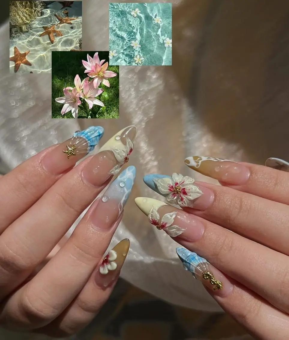 ネイル ブルー 長さ出し フラワーネイル キラキラネイル 水色 ハンドネイル Umee Nailのネイルデザイン