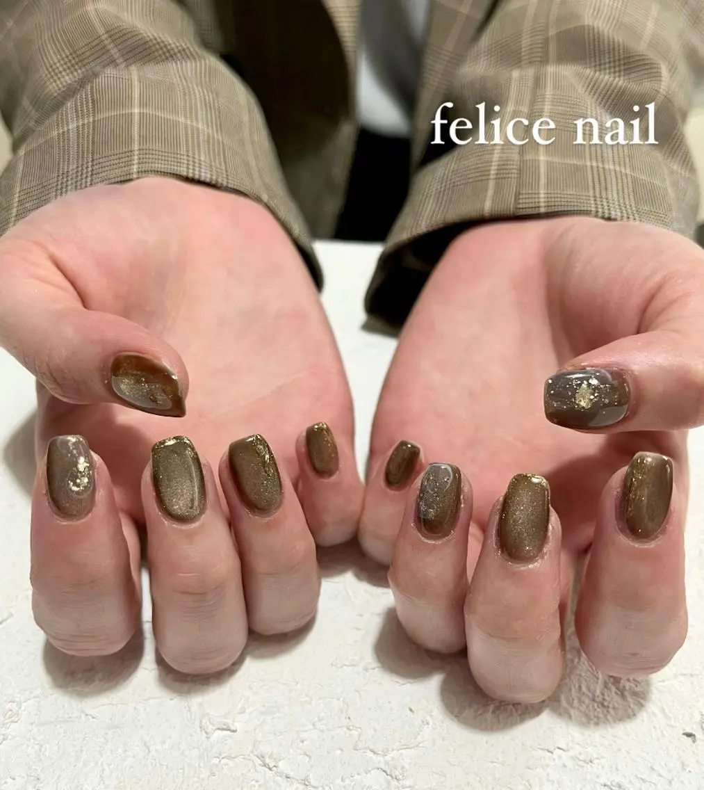 ネイル ブラウン ジェルネイル マグネットネイル ミラーネイル ニュアンスネイル felice nailのネイルデザイン