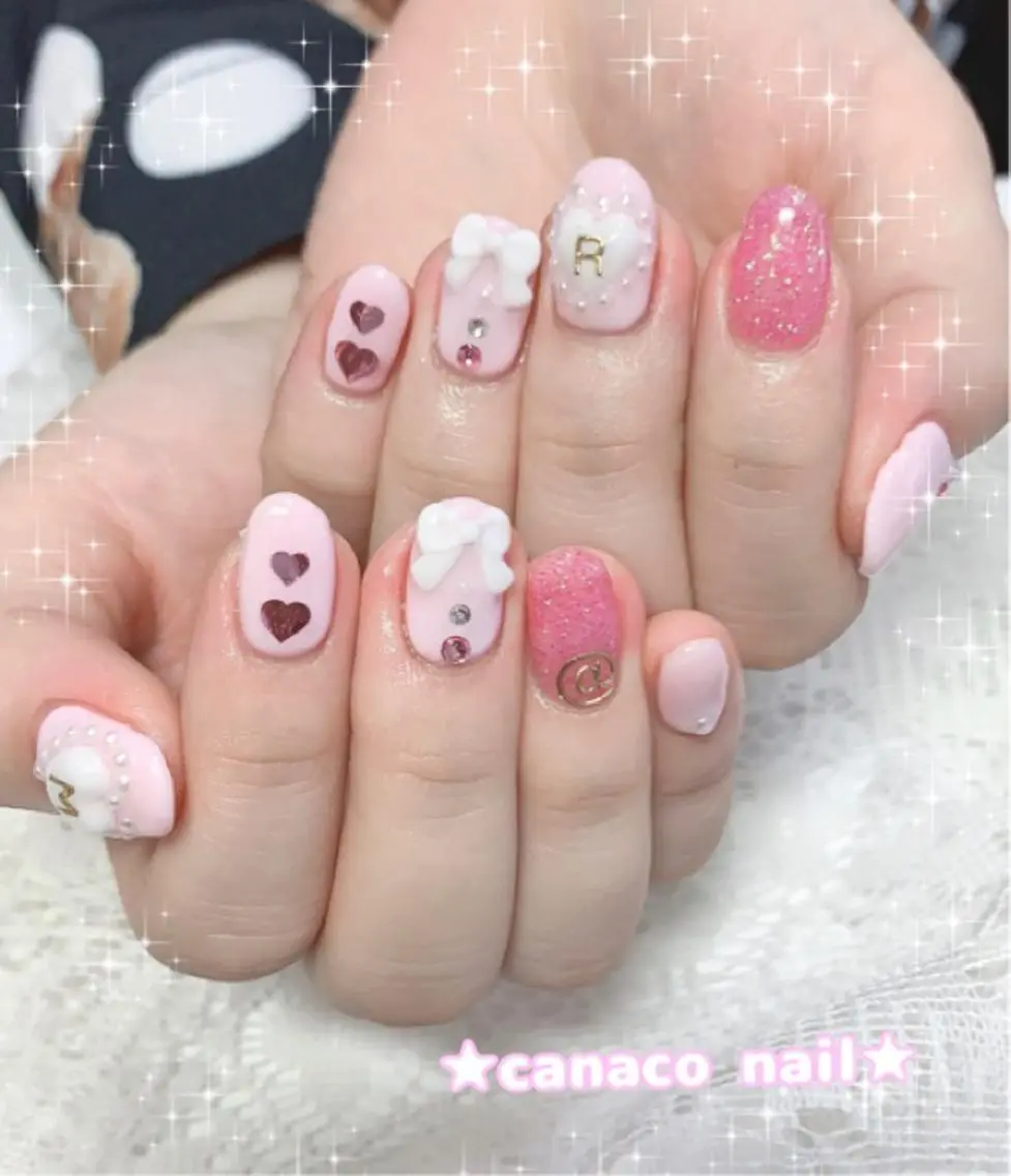 ネイル ガーリー ハート リボン ハンドネイル ハンドケア ベテランネイル cnc nailのネイルデザイン
