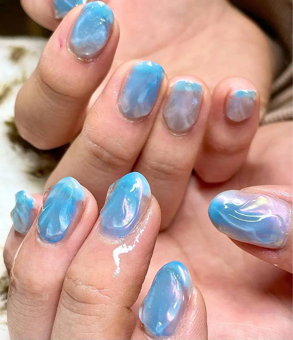 ショート カラー パーマ ヘアアレンジ メンズ キッズ ネイル マツエク・マツパ ブルーカラー ブルー クリアネイル el. by Aoのネイルデザイン