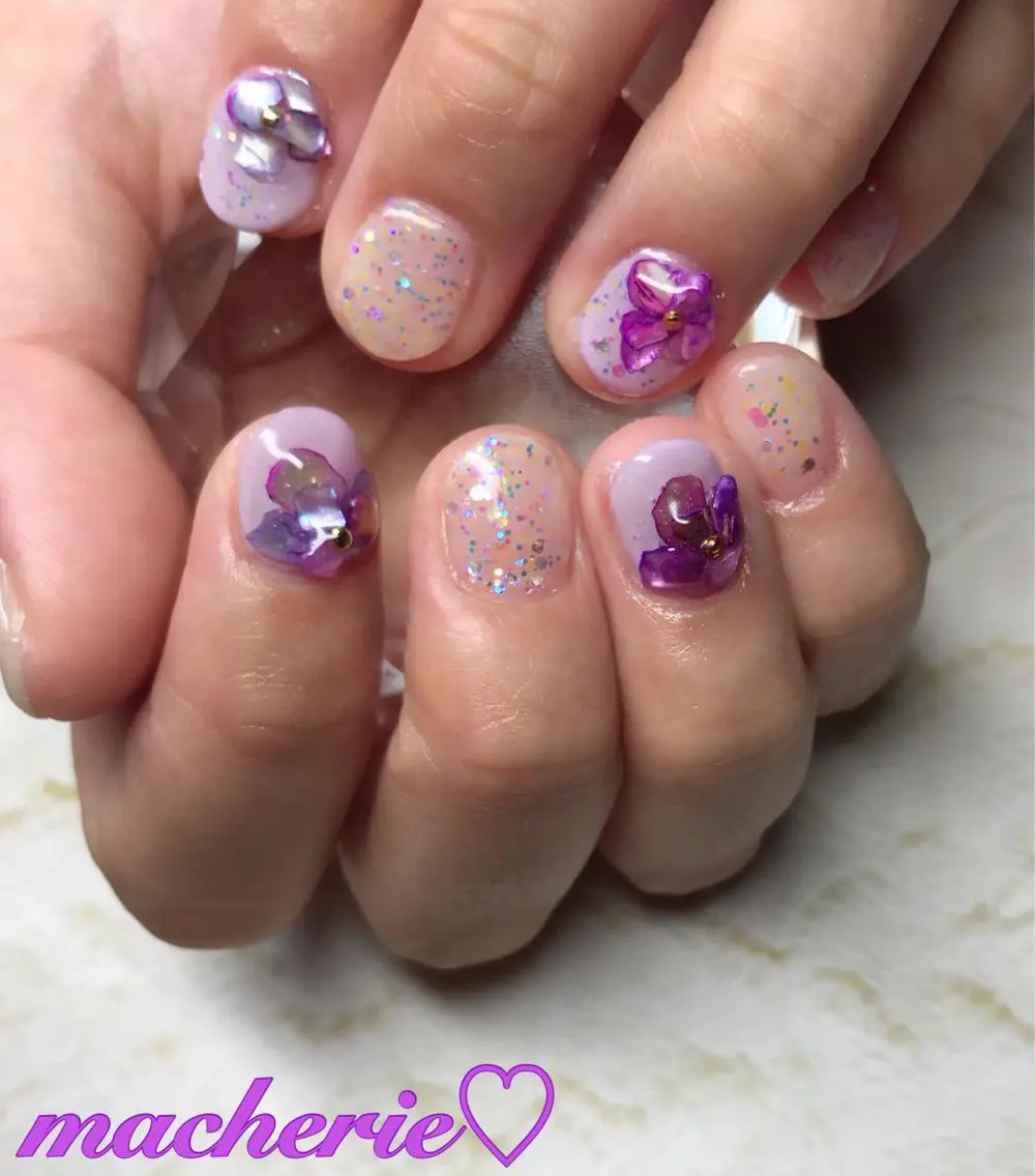 ネイル パープル ストーンネイル ハンドネイル Nail Salon macherieのネイルデザイン