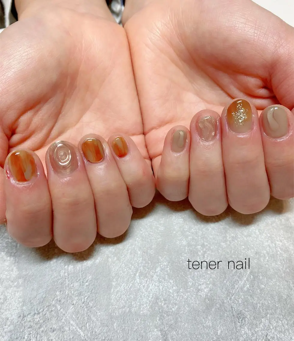 ネイル ブラウン オレンジ テネルネイル tener nailのネイルデザイン