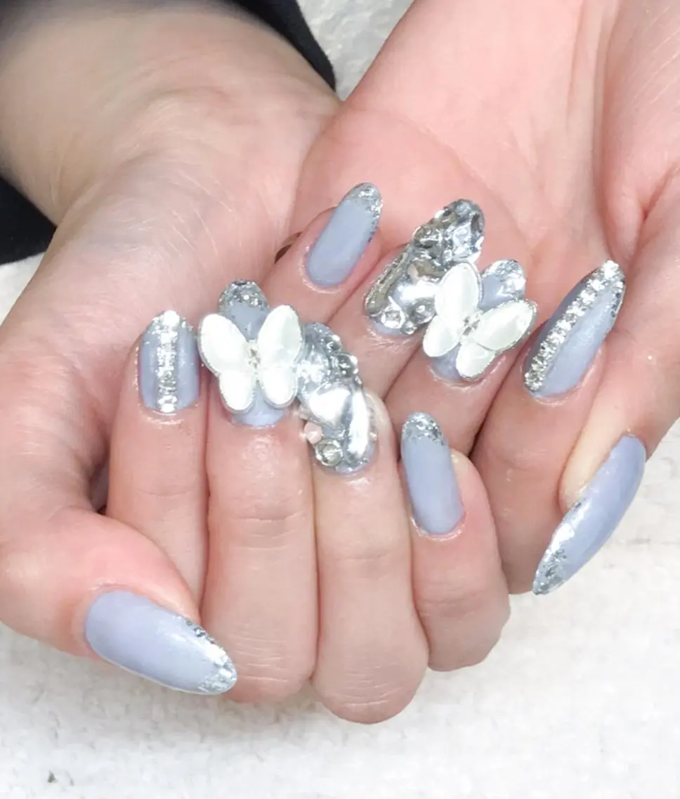 ネイル ブルー フレンチネイル ジェルネイル ガラスフレンチ キラキラネイル Nyanco Nailのネイルデザイン