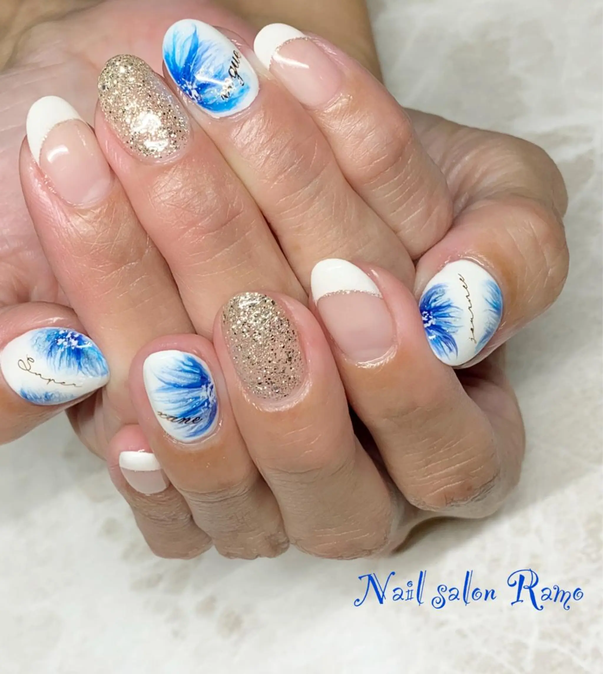 ネイル アートネイル ブルー クリアネイル 長さ出し ジェルネイル 松田 祥子のネイルデザイン