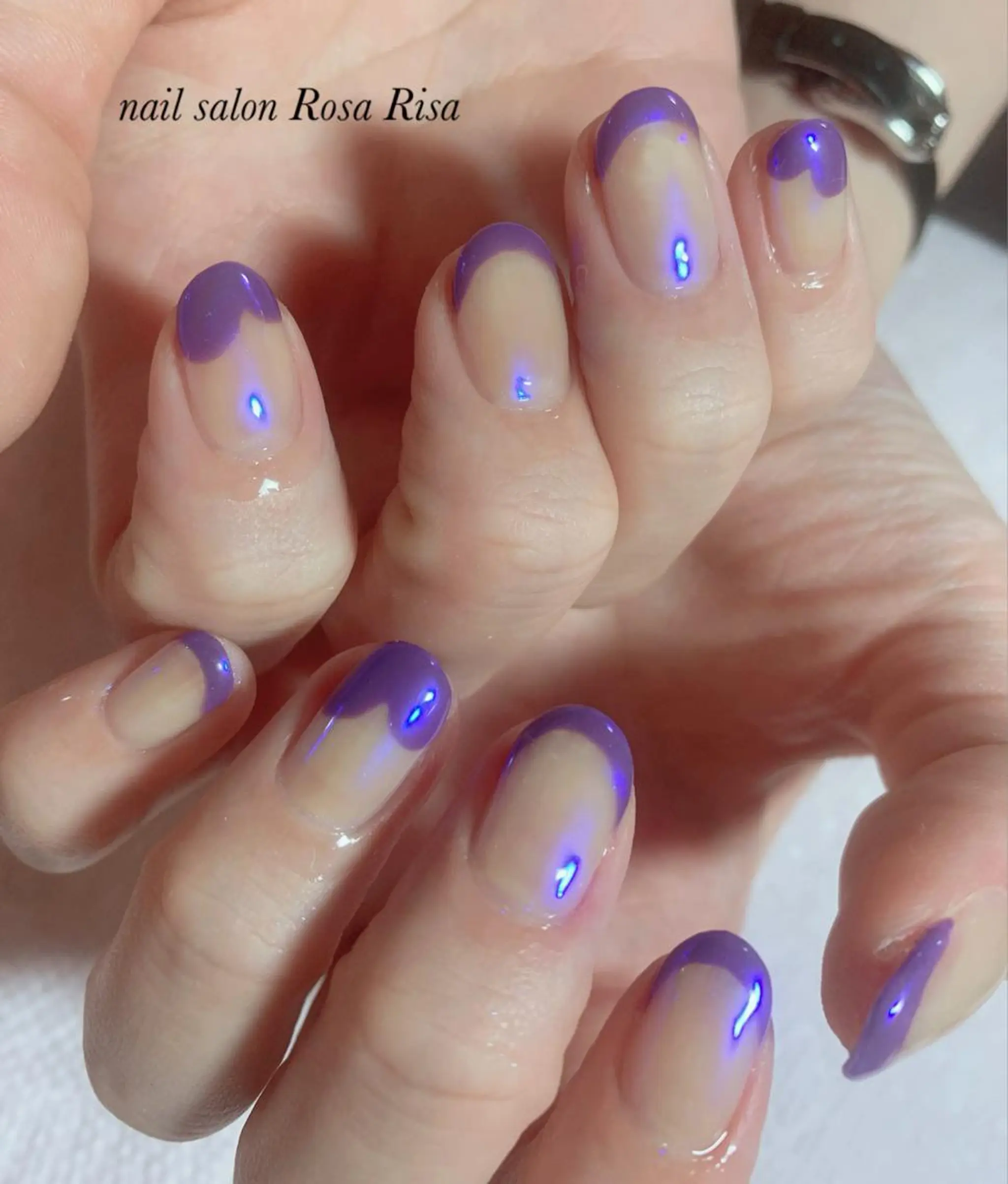 ショート ネイル パープルカラー フレンチネイル ミラーネイル パープル ネイルスタジオ シェイクユアハンズのネイルデザイン