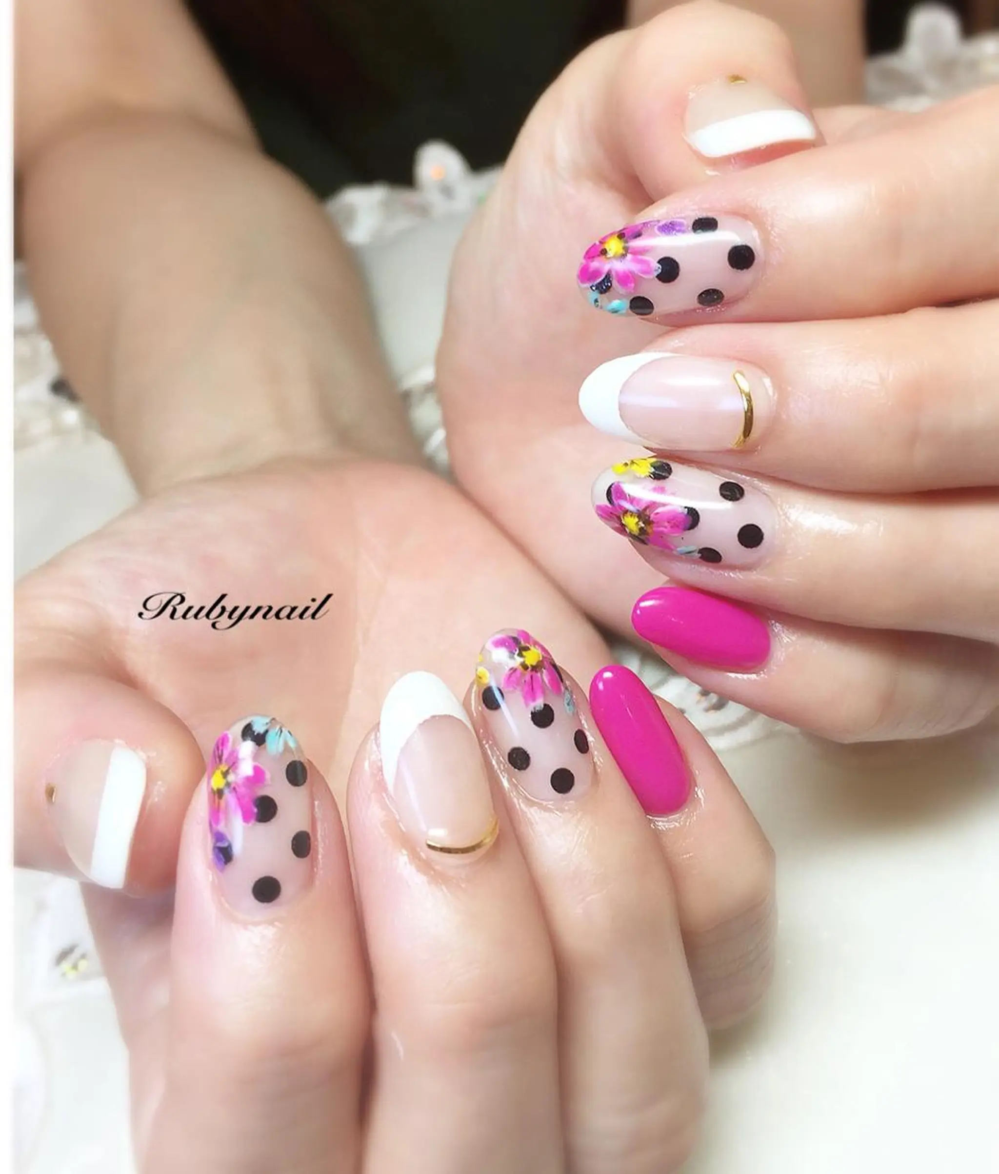 ネイル ドット フレンチネイル ピンク プライベートサロン Rubynailのネイルデザイン