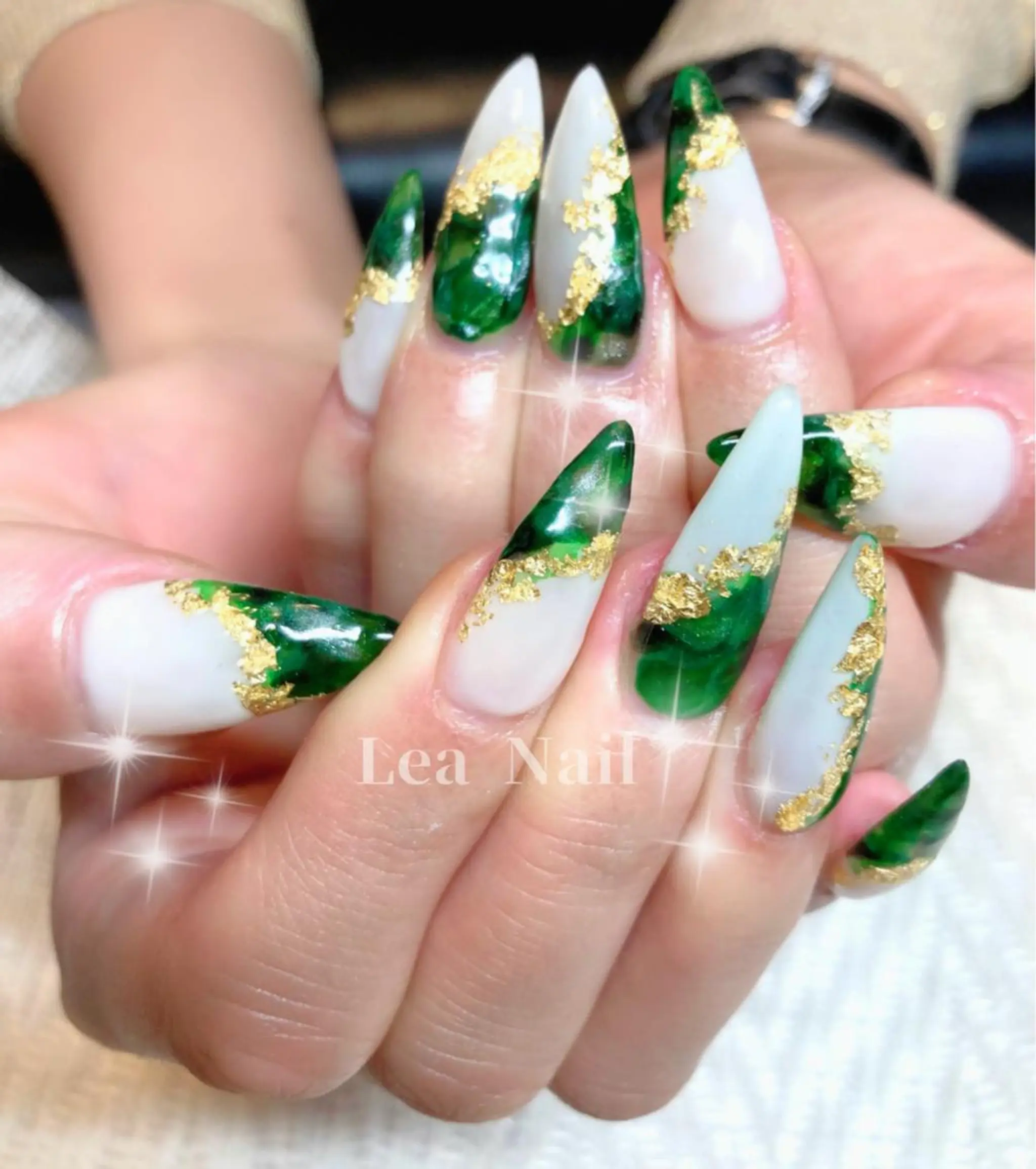 ネイル グリーン ロングネイル 大理石ネイル(マーブル) Lea Nailのネイルデザイン