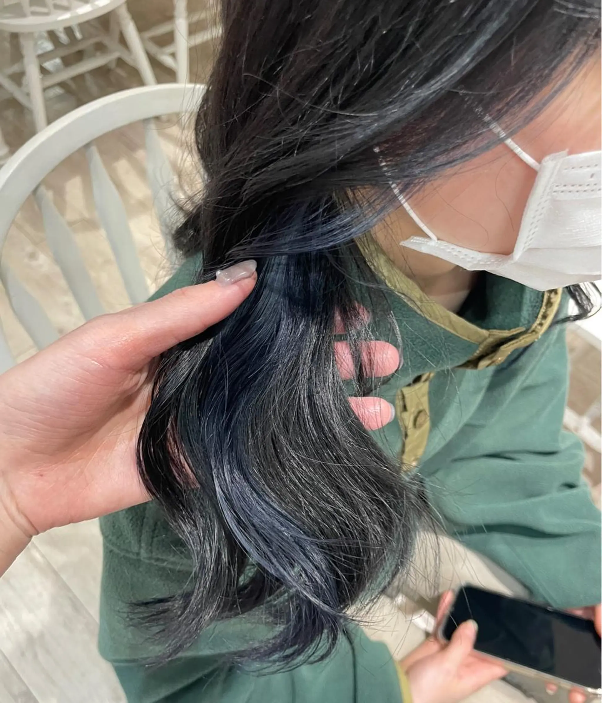 セミロング カラー アッシュ ミストバング 黒髪 ブリーチ ブルーカラー ヘアアレンジ/ 暖色🩵hazukiのヘアスタイル