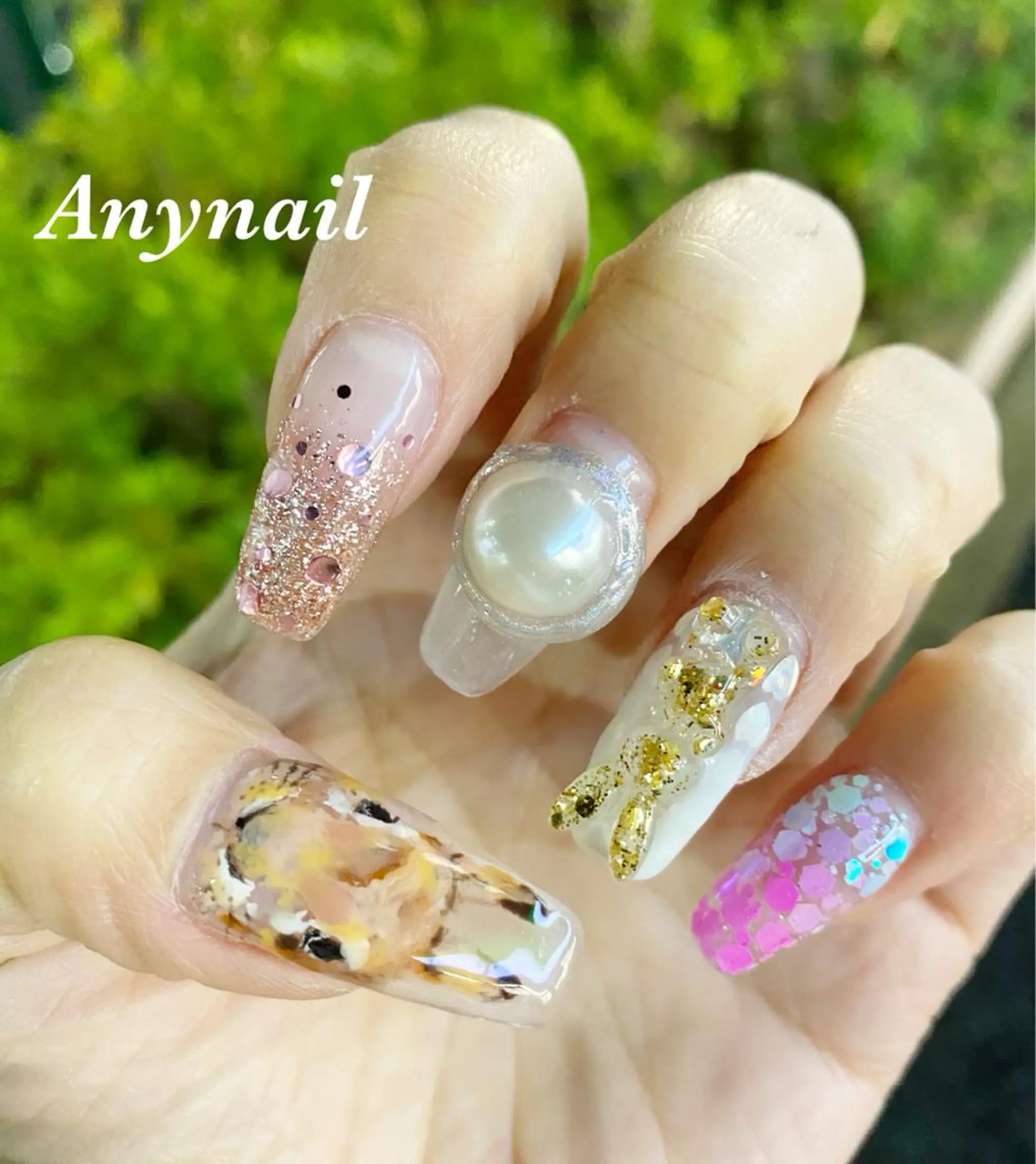 ネイル ブルー クリアネイル キラキラネイル スカルプネイル ハンドネイル 岩澤 恵子のネイルデザイン