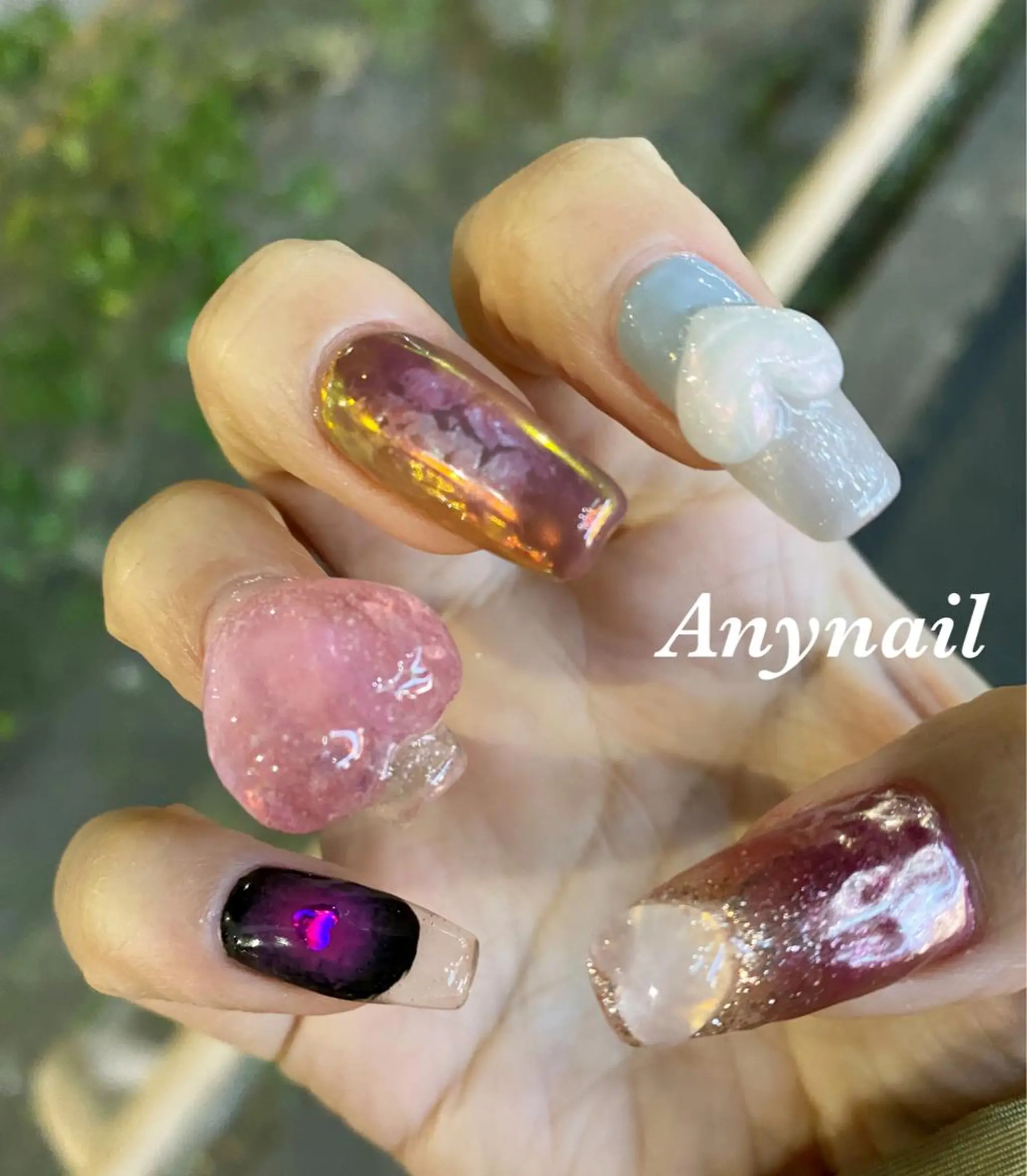 ネイル ブルー クリアネイル ハート スカルプネイル ハンドネイル 岩澤 恵子のネイルデザイン